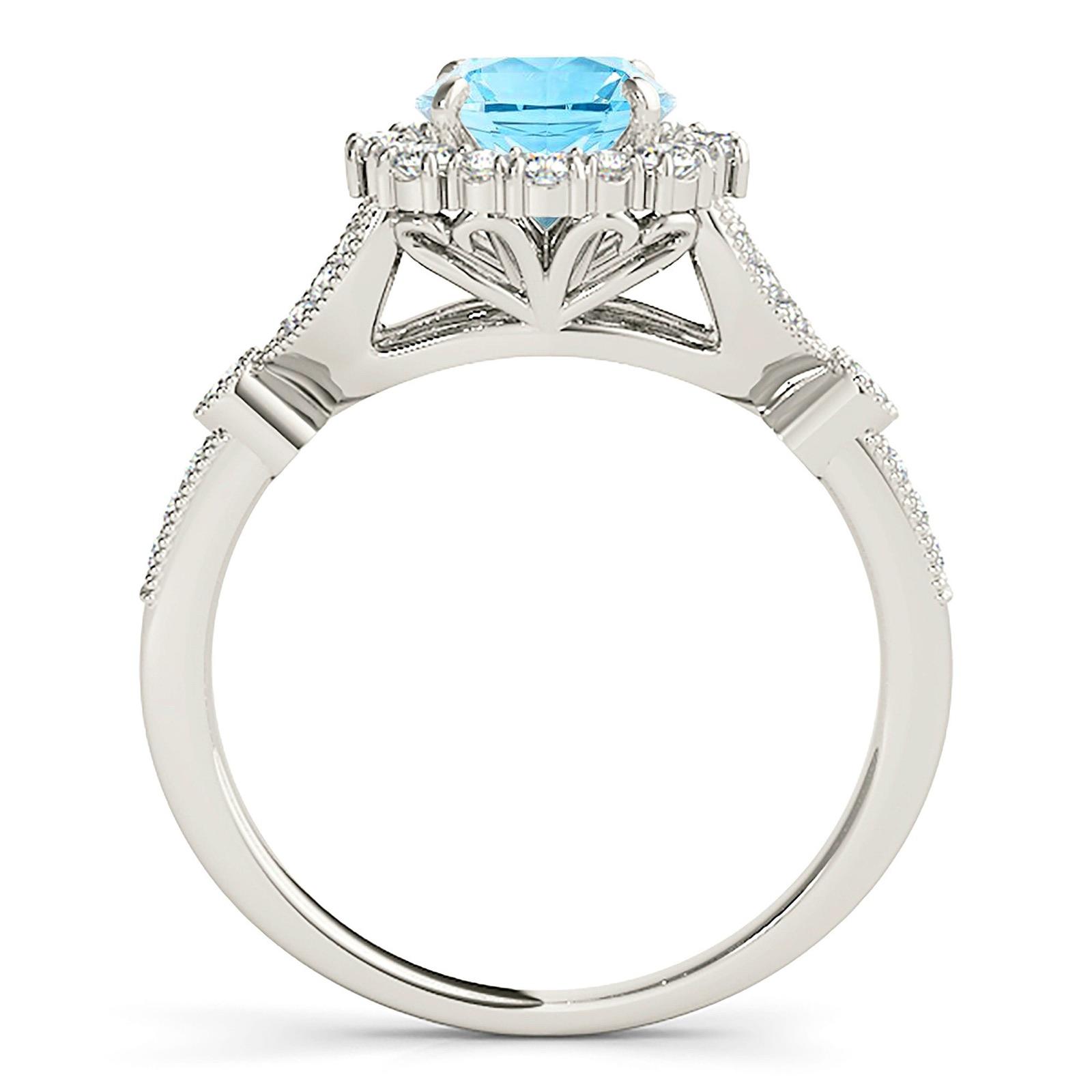 1.10 ct. Genuine Aquamarine Ring With 0.40 ctw. Diamond Flower Halo, Milgrain V Shape Graduating Diamond Band | Blue Aquamarine Halo Ring-VIRABYANI