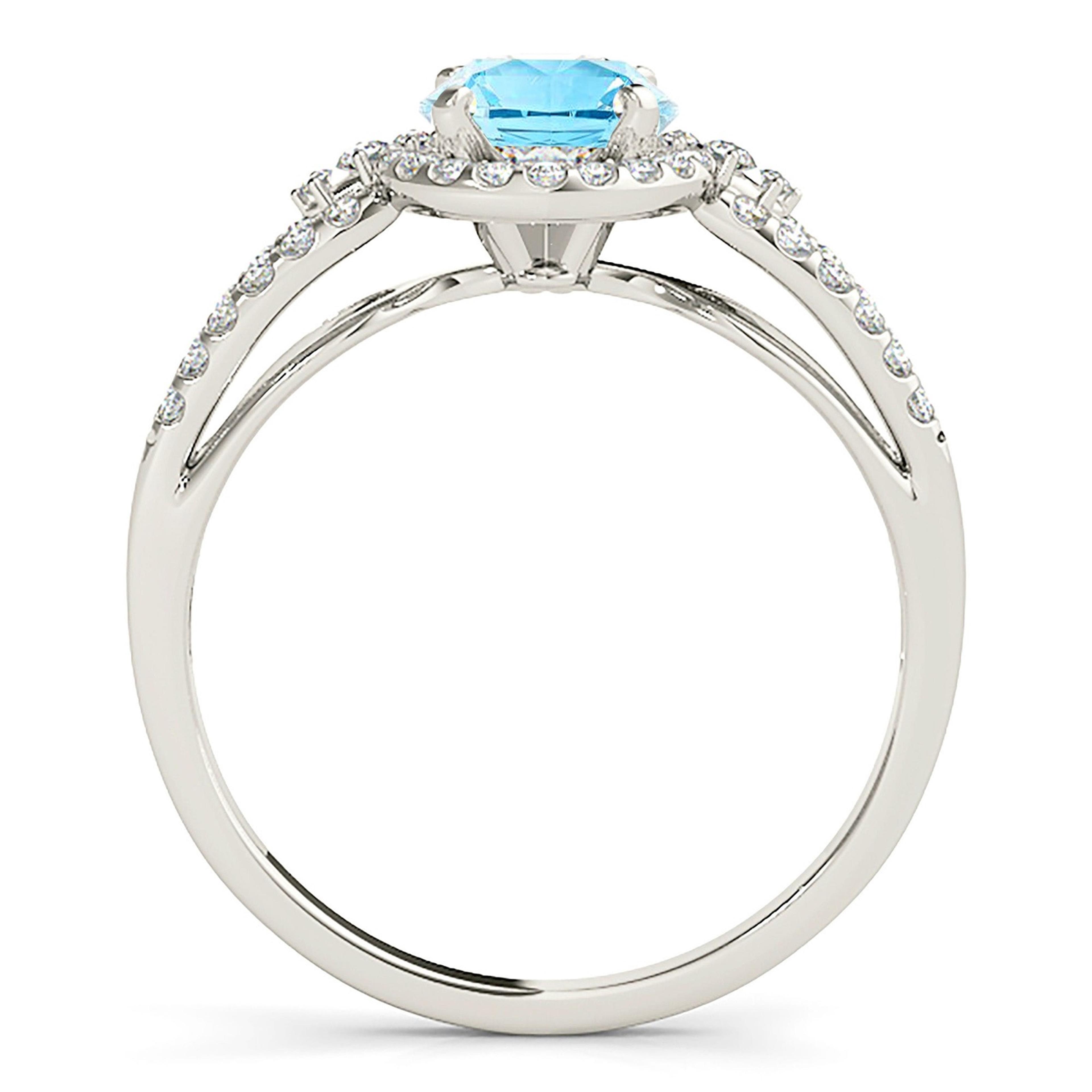 1.10 ct. Genuine Aquamarine Ring With 0.35 ctw. Diamond Halo, Curved Open Diamond Band, Side 2 Accent Diamonds| Blue Aquamarine Halo Ring-VIRABYANI