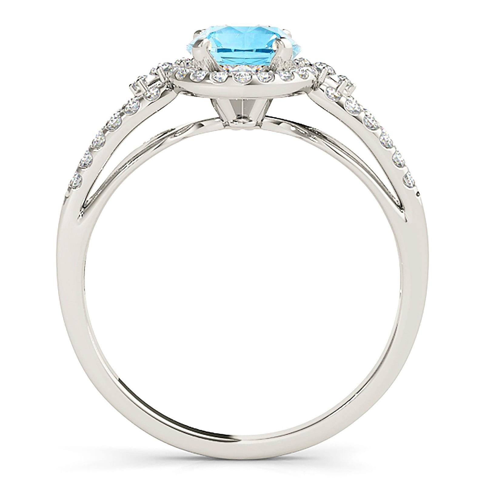 1.10 ct. Genuine Aquamarine Ring With 0.35 ctw. Diamond Halo, Curved Open Diamond Band, Side 2 Accent Diamonds| Blue Aquamarine Halo Ring-VIRABYANI