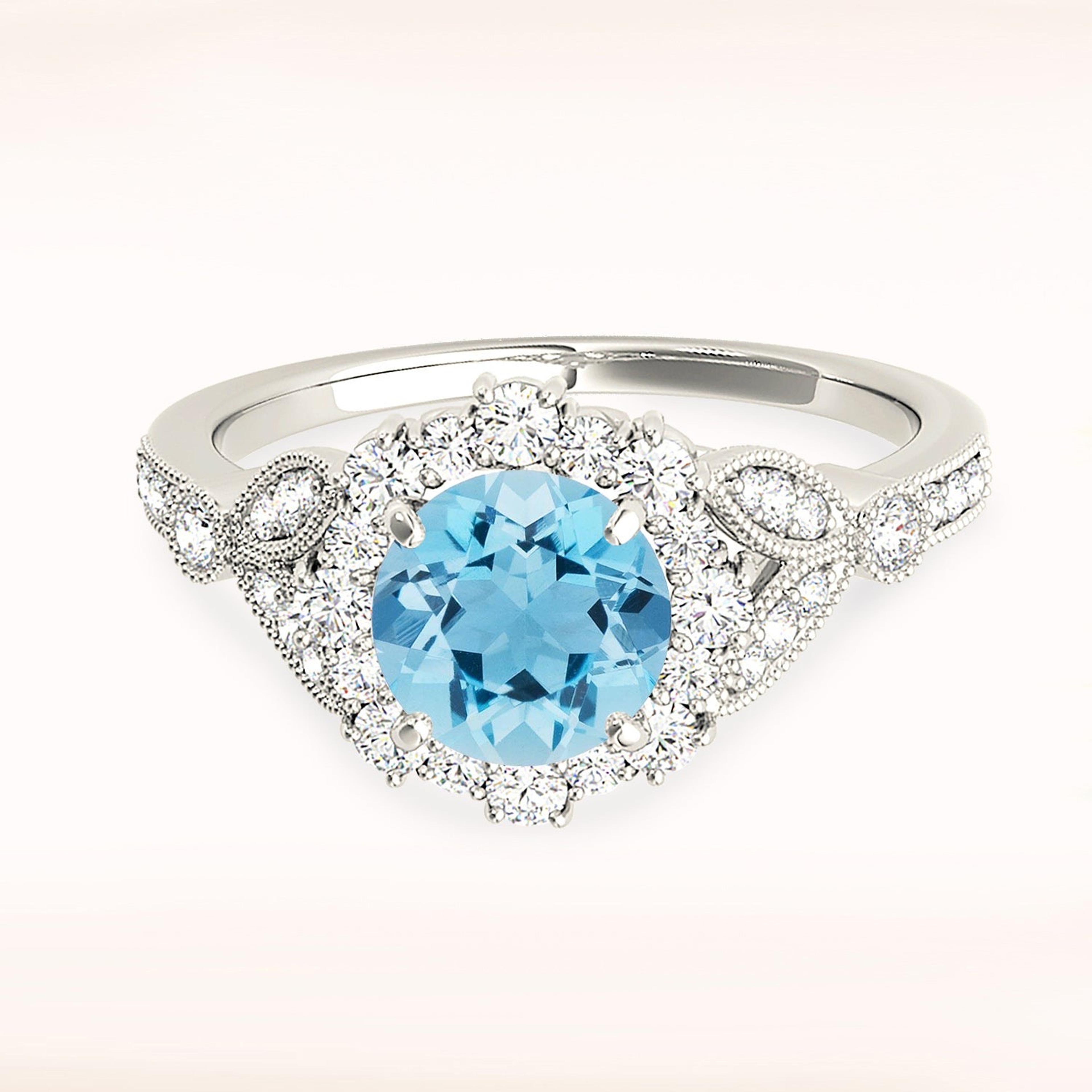 1.10 ct. Genuine Aquamarine Ring With 0.40 ctw. Diamond Flower Halo, Milgrain V Shape Graduating Diamond Band | Blue Aquamarine Halo Ring-VIRABYANI