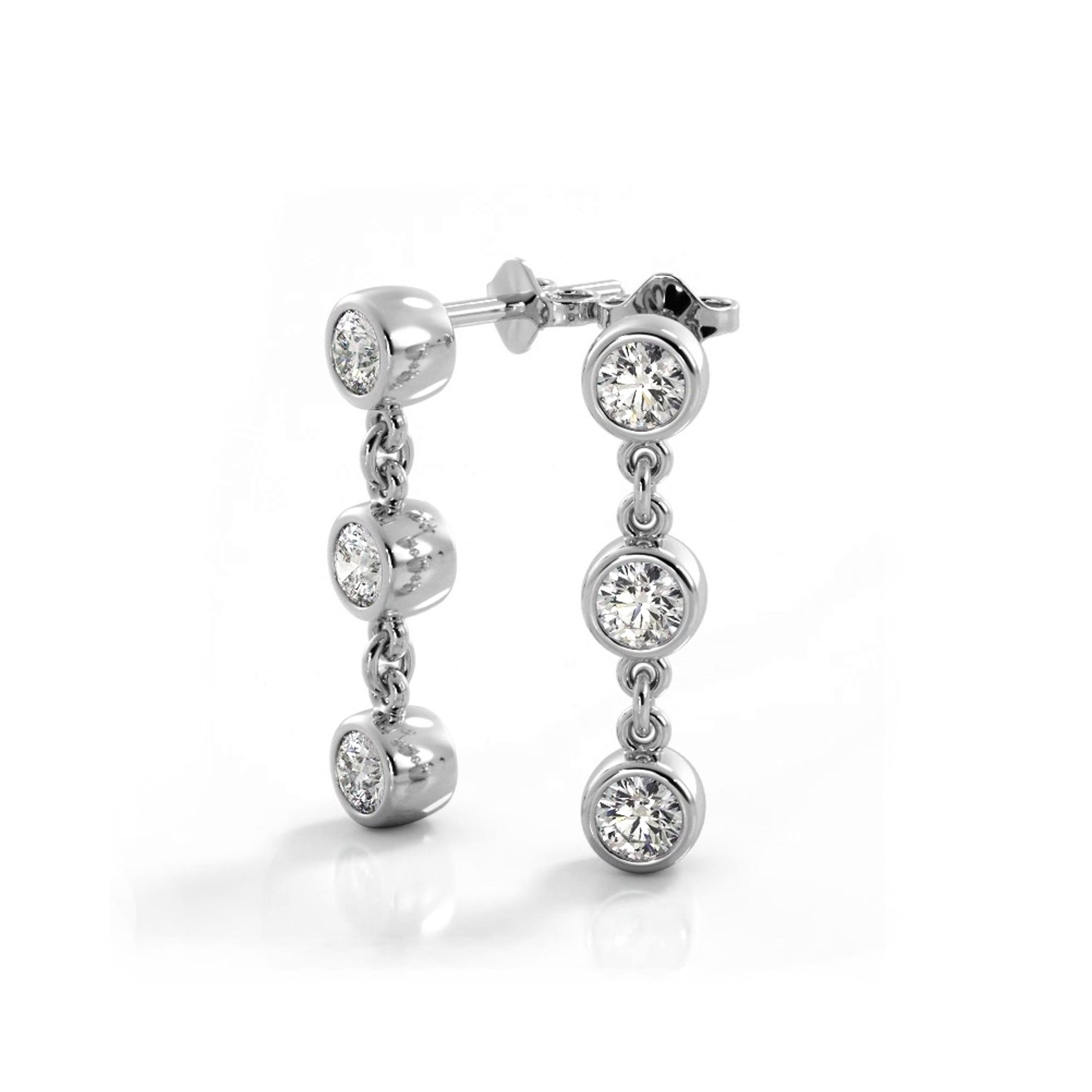 1.50 ctw. Bezel Set Diamond Drop Earrings Three Stone Style