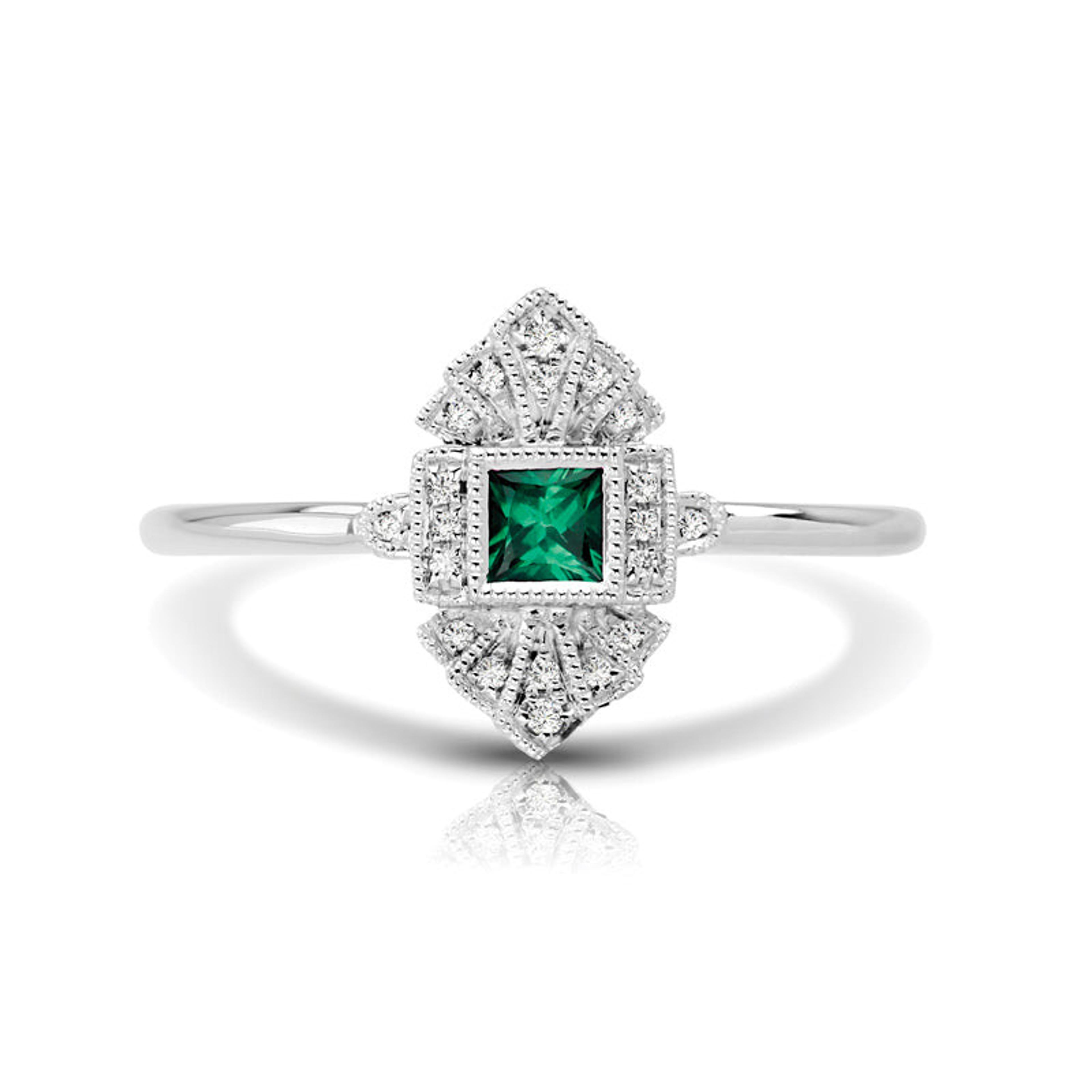 Vintage Inspired 0.16 ct. Natural Princess Cut Emerald Ring With 0.05 ct. Diamonds, Antique Design-VIRABYANI