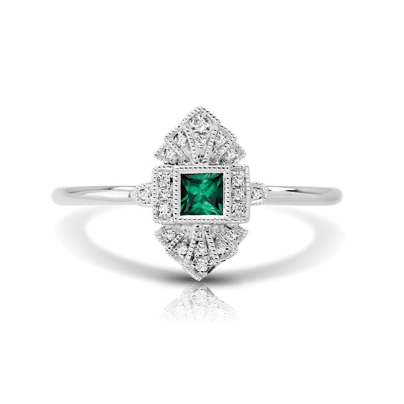 Vintage Inspired 0.16 ct. Natural Princess Cut Emerald Ring With 0.05 ct. Diamonds, Antique Design-VIRABYANI