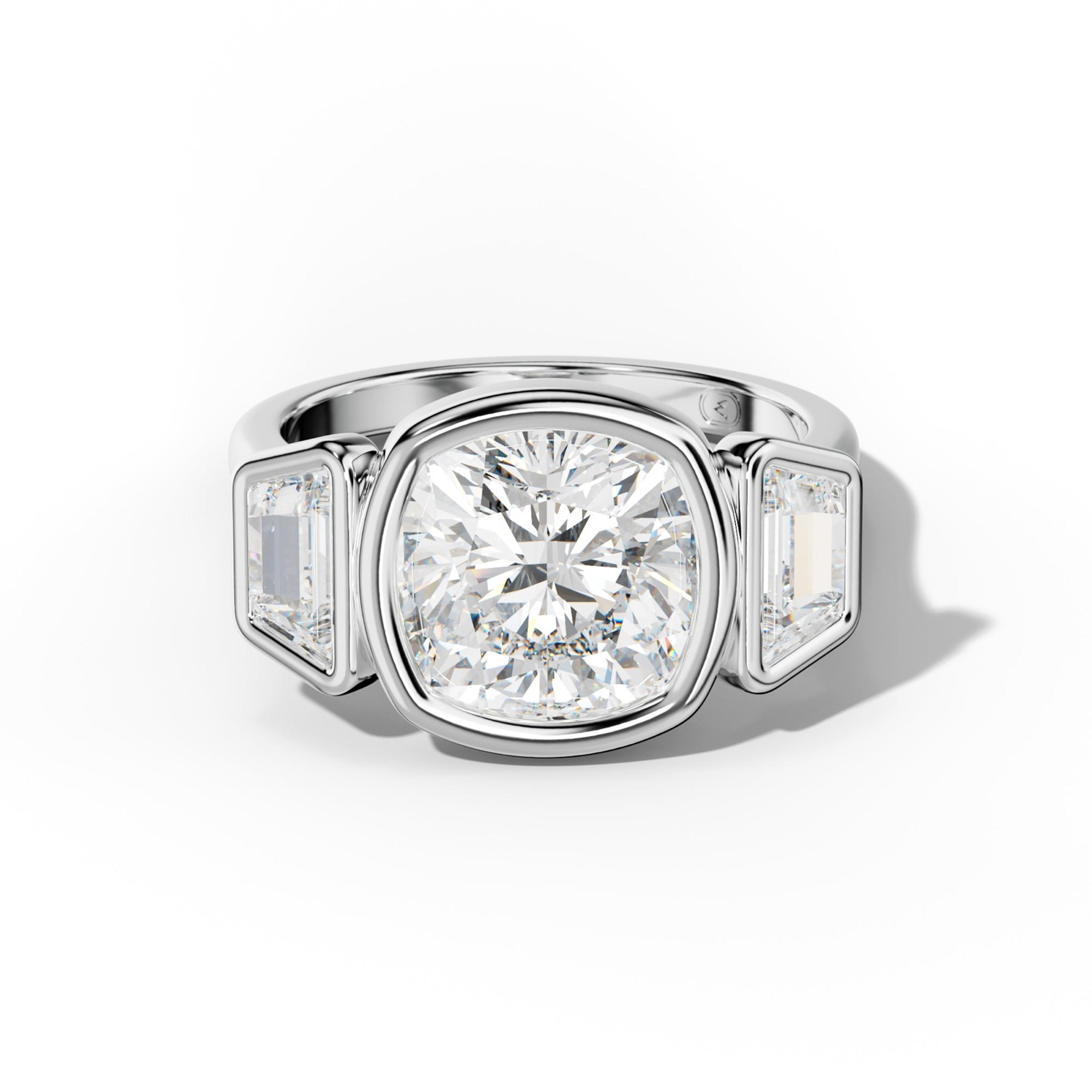 Cleo Cushion Center With Trapezoid Side Diamond Engagement Ring