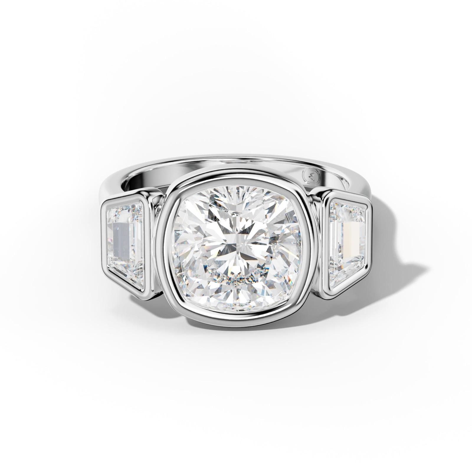 Cleo Cushion Center With Trapezoid Side Diamond Engagement Ring