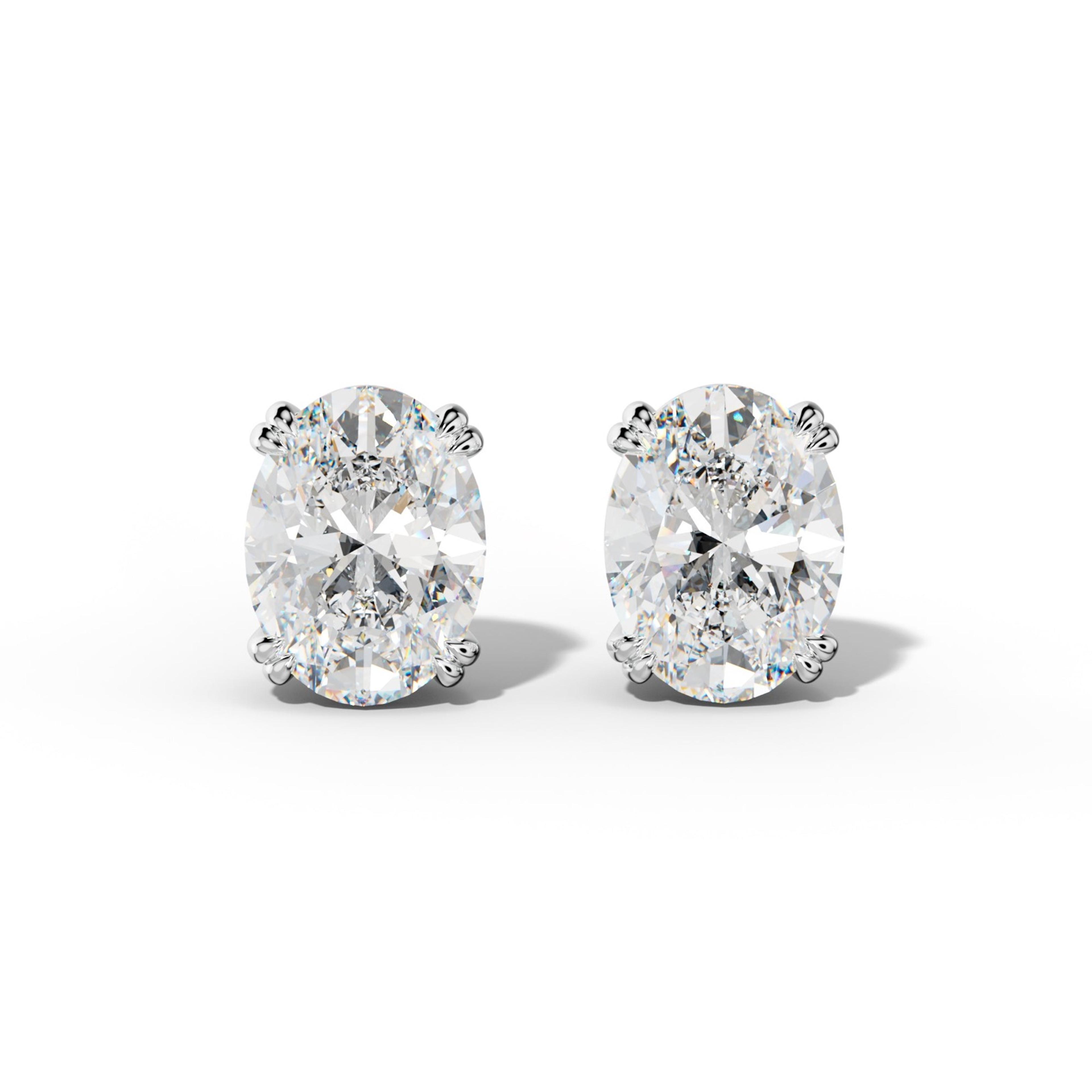 Oval Diamond Stud Earrings With Claw Double Prongs