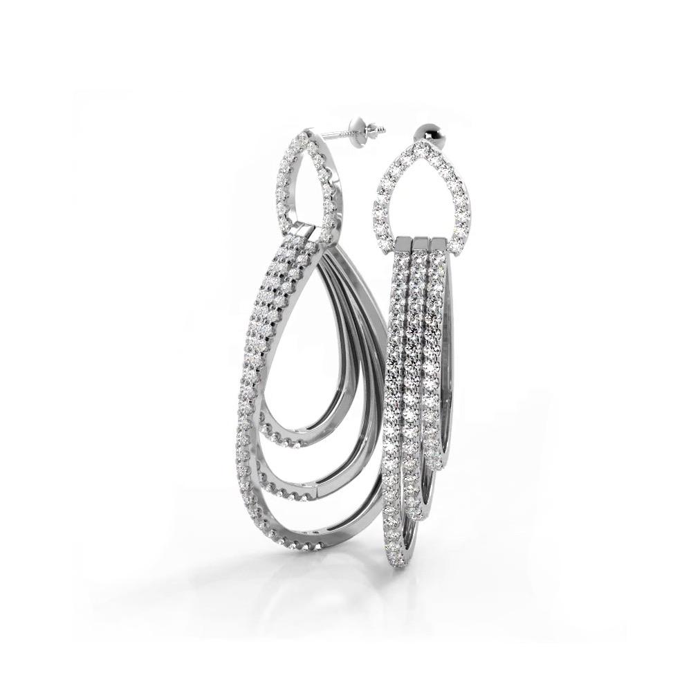 3.0 ctw. Round Diamond Drop Earrings Triple Hoop Dangles