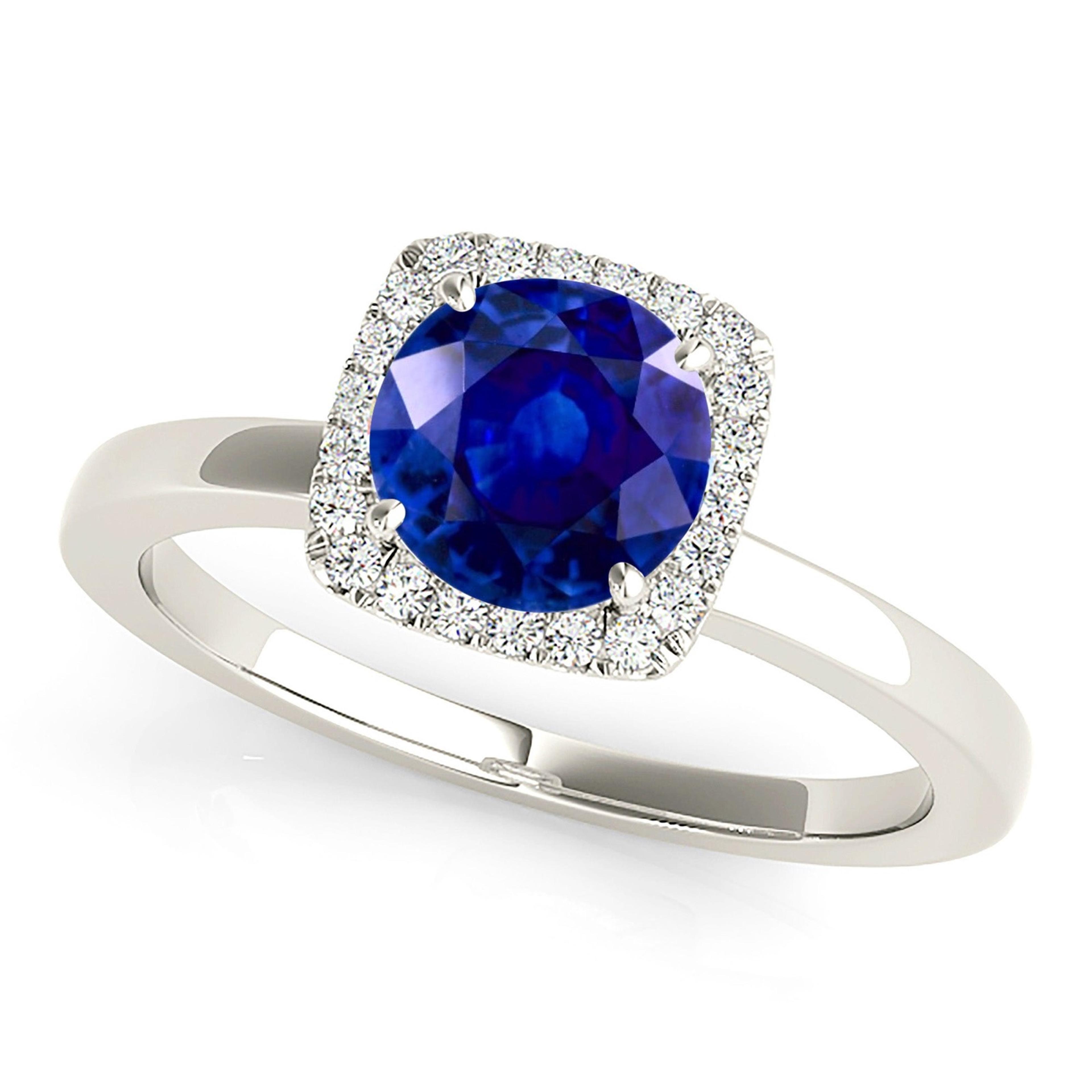 1.80 ct. Genuine Blue Sapphire Solitaire Band Halo Ring With 0.20 ctw. Diamonds-VIRABYANI