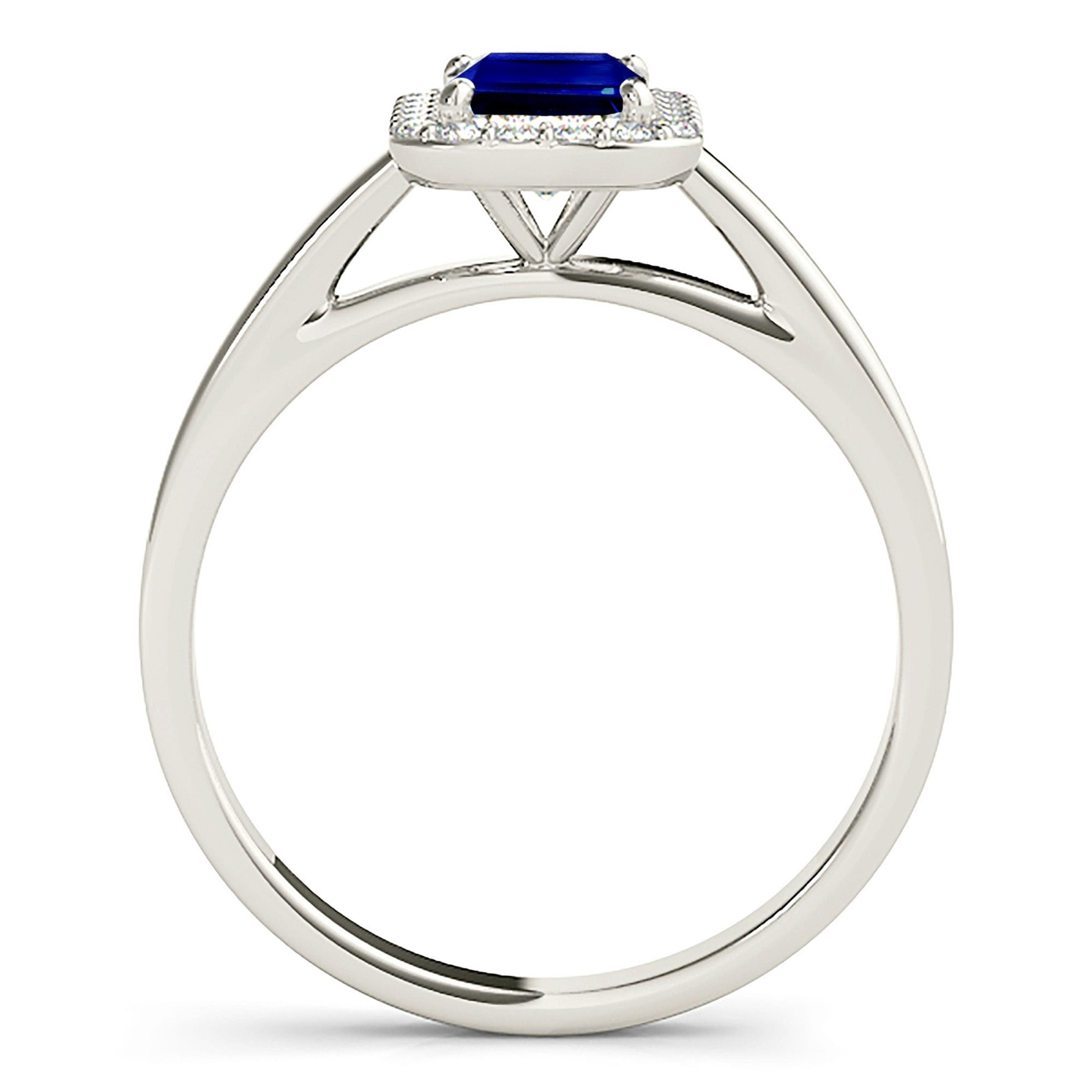 1.15 ct. Genuine Blue Emerald Cut Sapphire Ring With 0.20 ctw. Diamond Halo, Solid Gold Band | Natural Sapphire And Diamond Gemstone Ring-VIRABYANI
