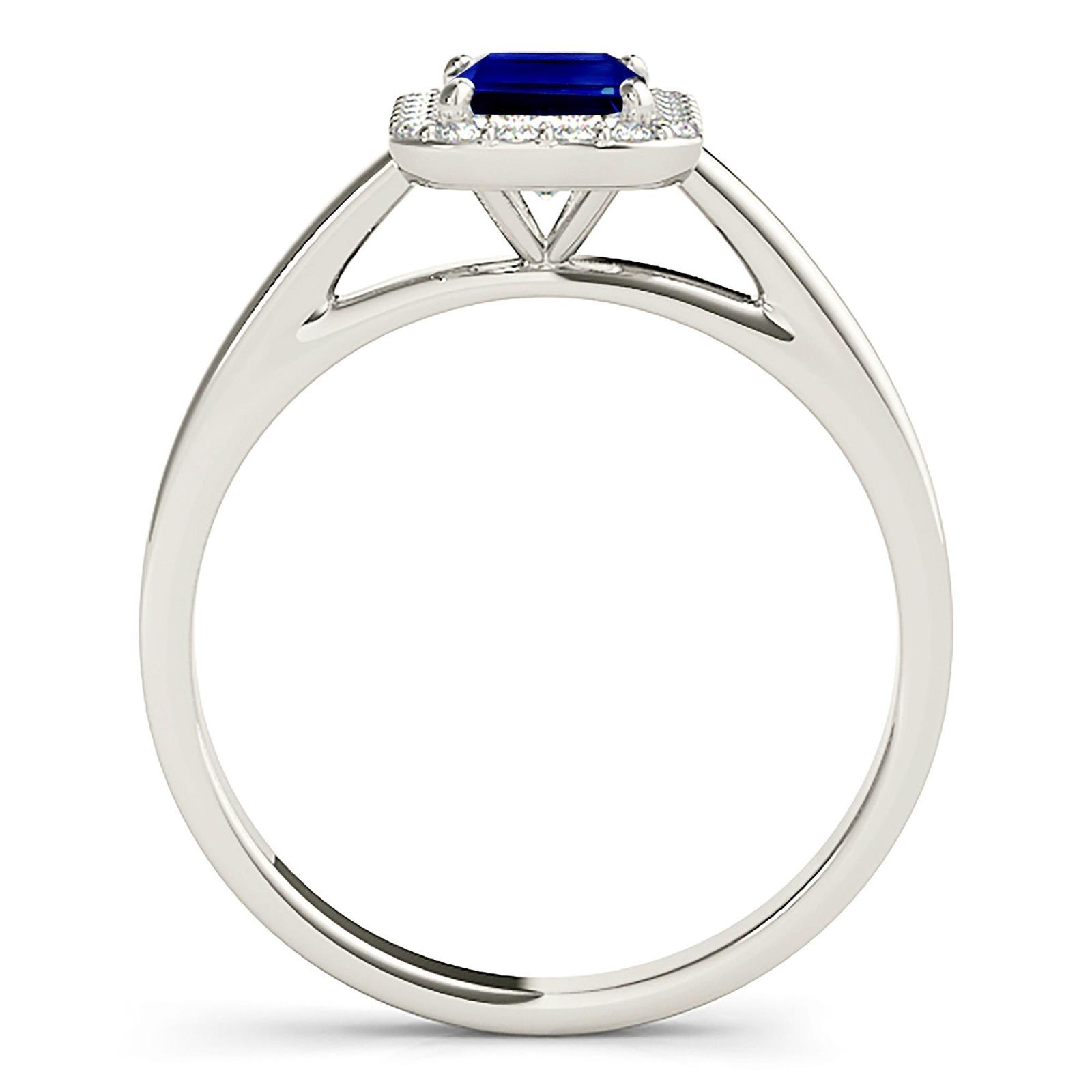 1.15 ct. Genuine Blue Emerald Cut Sapphire Ring With 0.20 ctw. Diamond Halo, Solid Gold Band | Natural Sapphire And Diamond Gemstone Ring-VIRABYANI