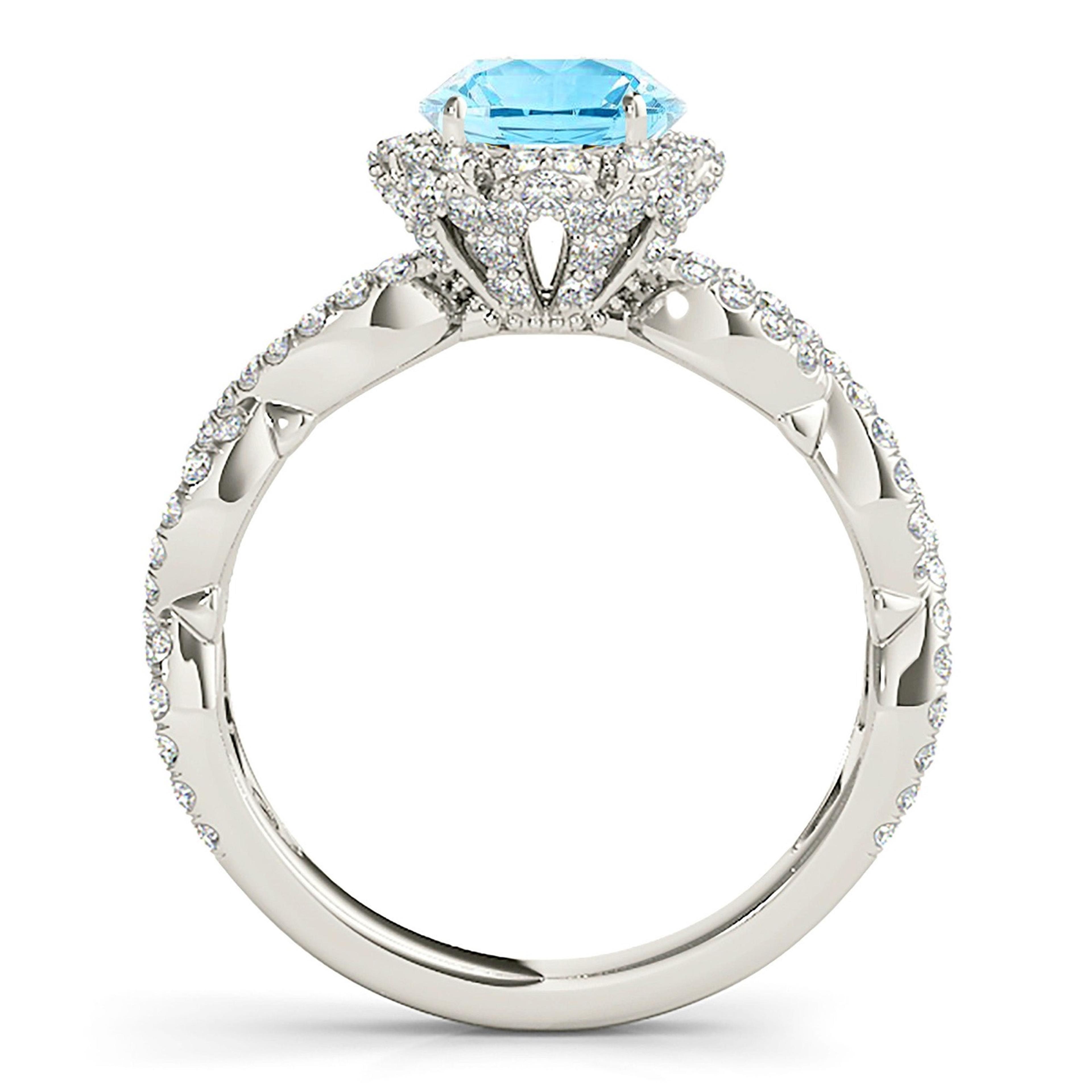 1.10 ct. Genuine Aquamarine Ring With 0.70 ctw. Diamond Halo And Open Braid Diamond Band,Filigree Design | Round Blue Aquamarine Halo Ring-VIRABYANI