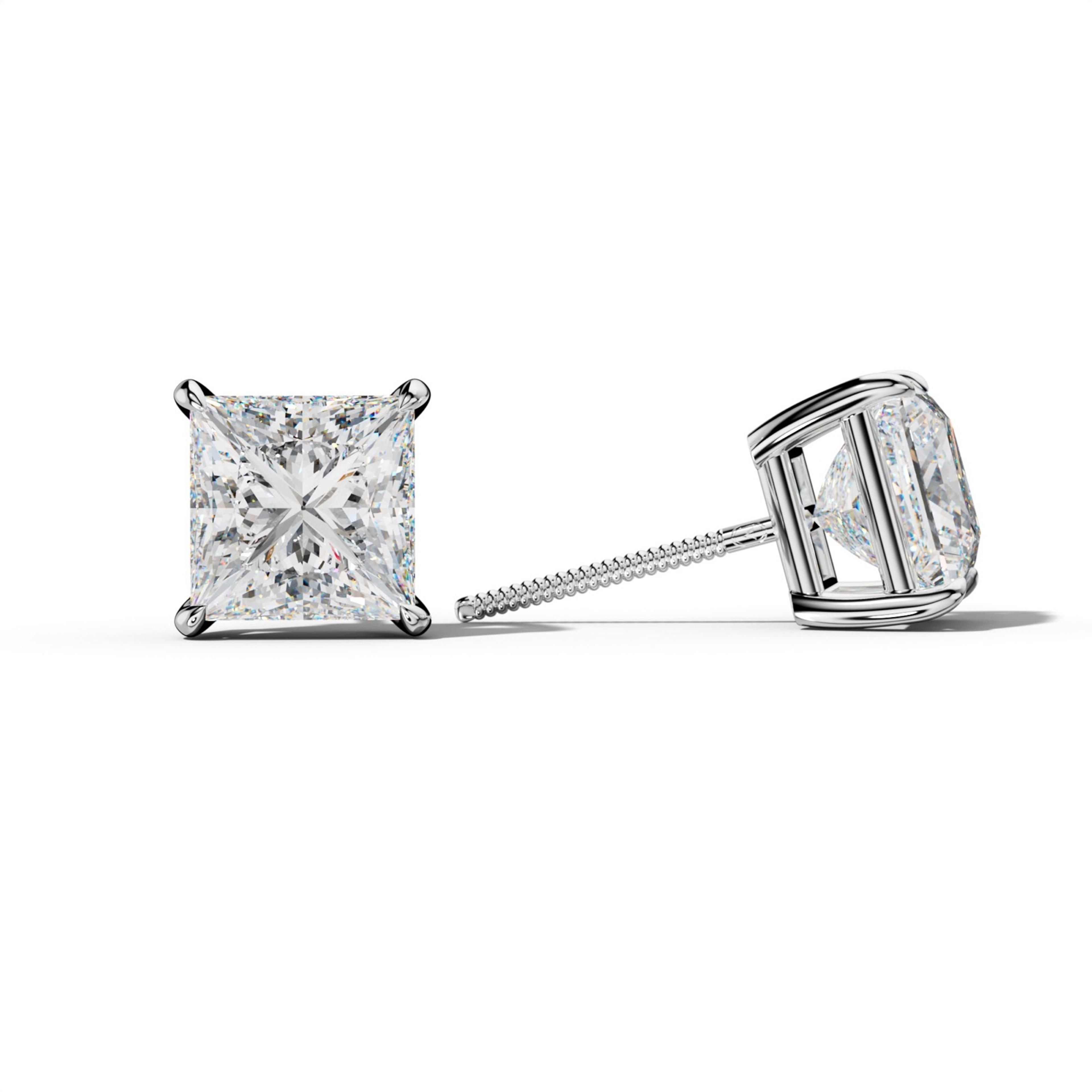 Princess Cut Diamond Stud Earrings With Four Claw Prongs