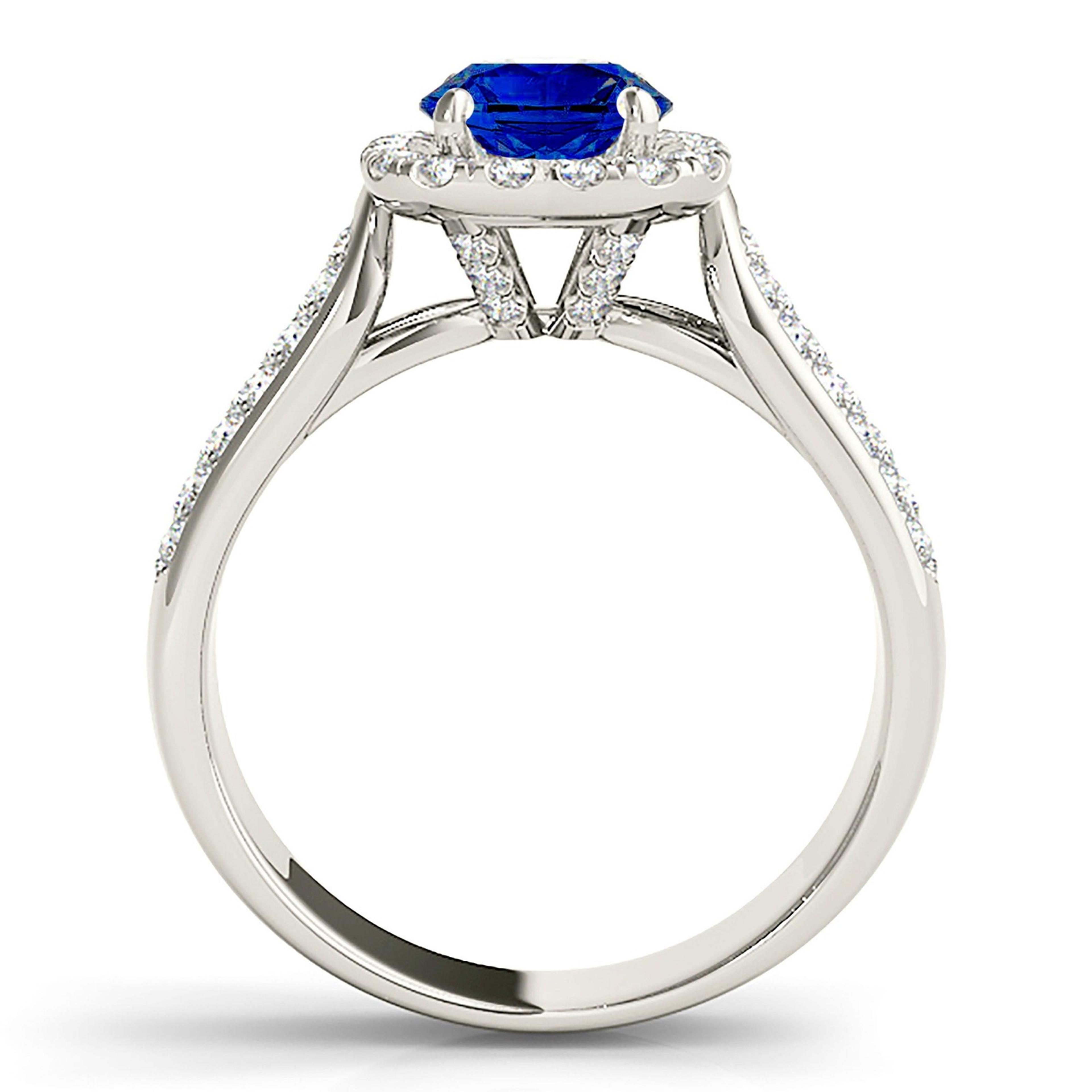 1.35 ct. Genuine Blue Round Sapphire Ring Cushion Halo Style