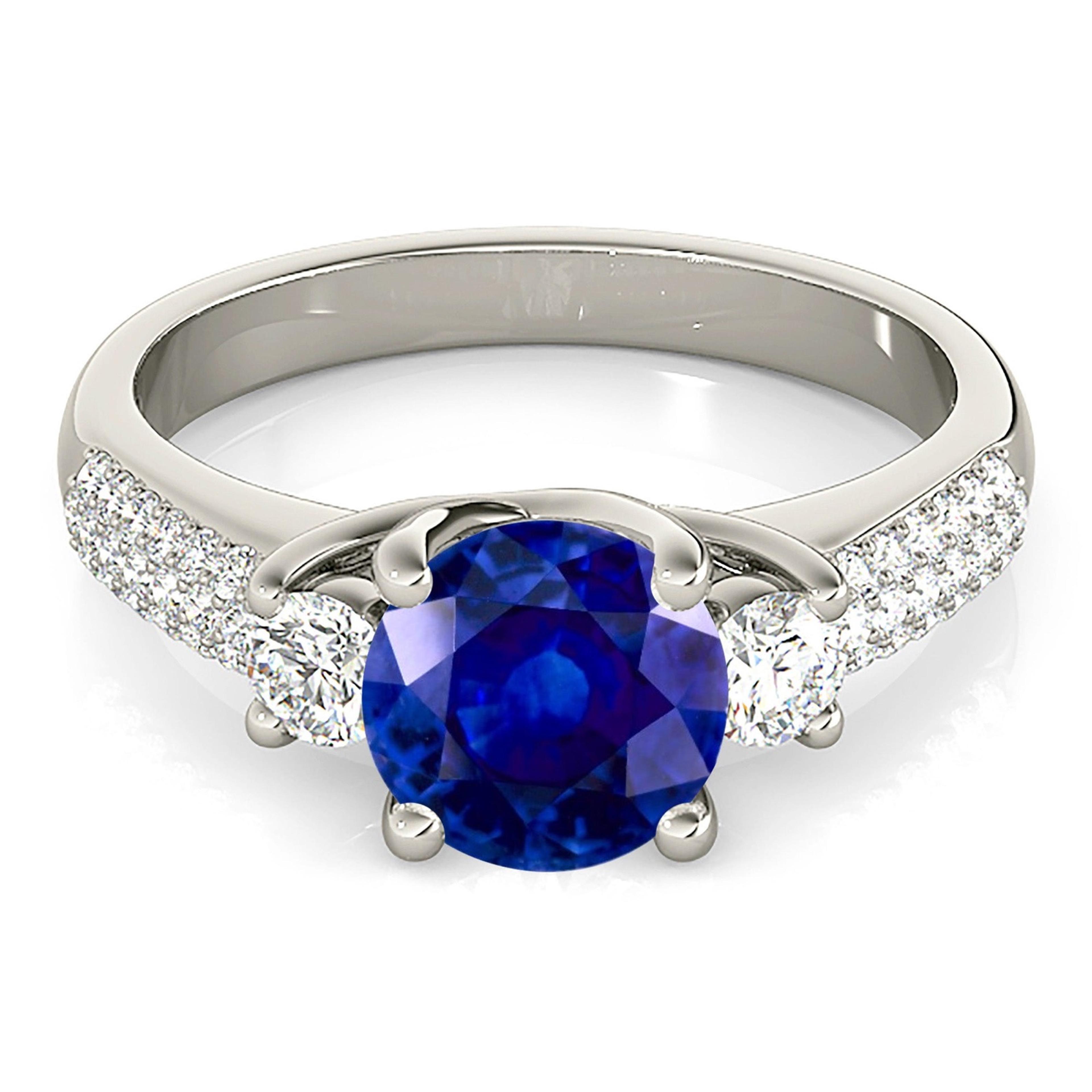 2.41 ct. Genuine Blue Sapphire Three Stone Ring with 0.40 ctw. Three Row Pave Set Side Diamonds-VIRABYANI