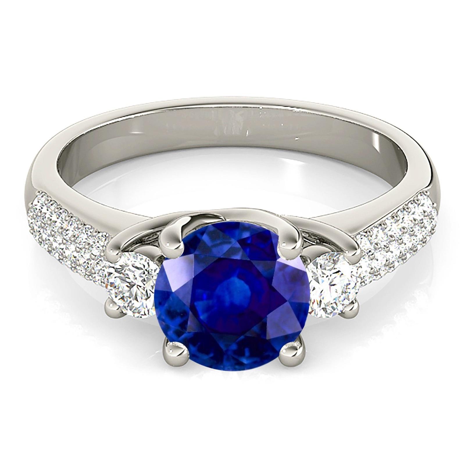 2.41 ct. Genuine Blue Sapphire Three Stone Ring with 0.40 ctw. Three Row Pave Set Side Diamonds-VIRABYANI