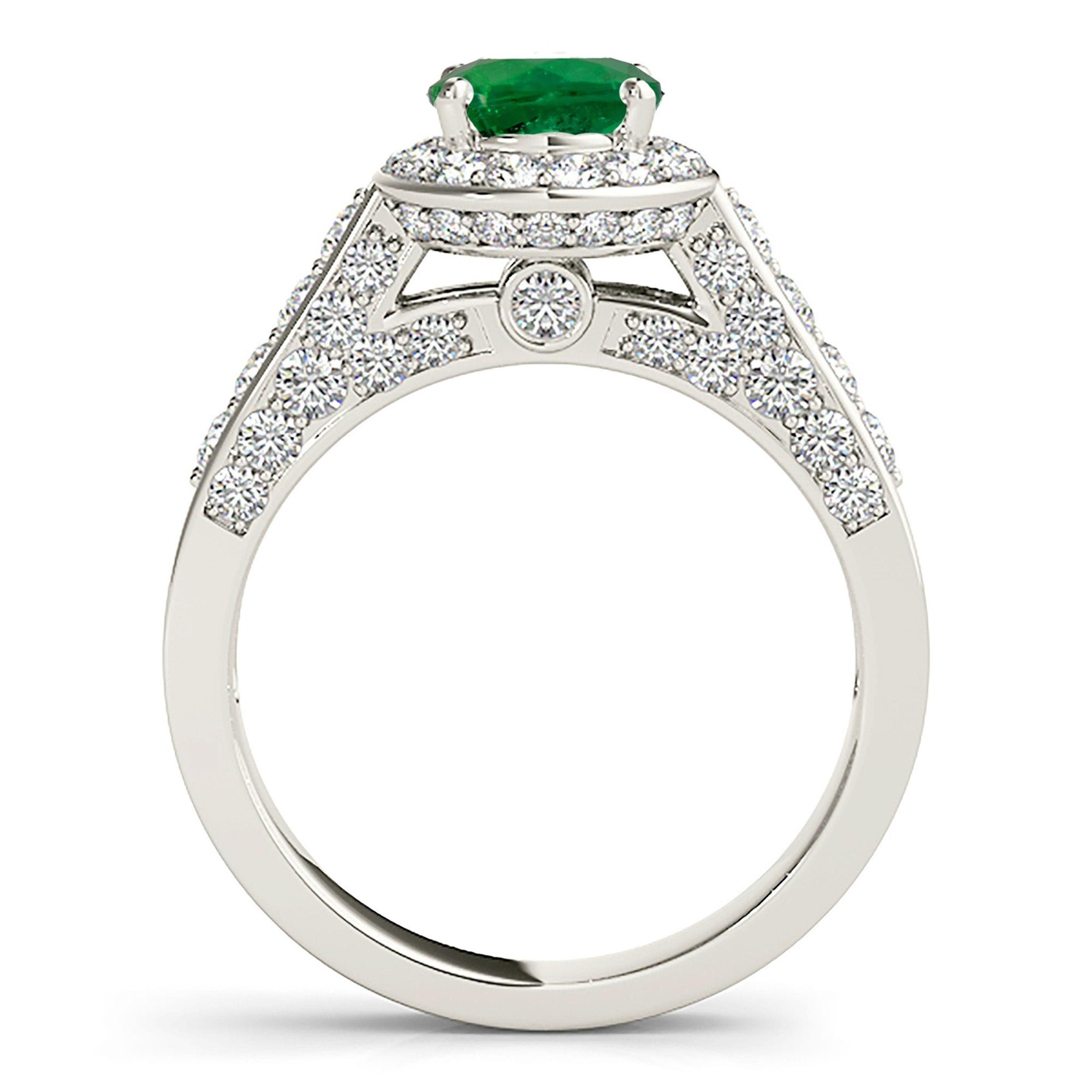 1.14 ct. Genuine Emerald Ring With 0.75 ctw. Diamond Wrap Around Halo, 3D Diamond Band-VIRABYANI