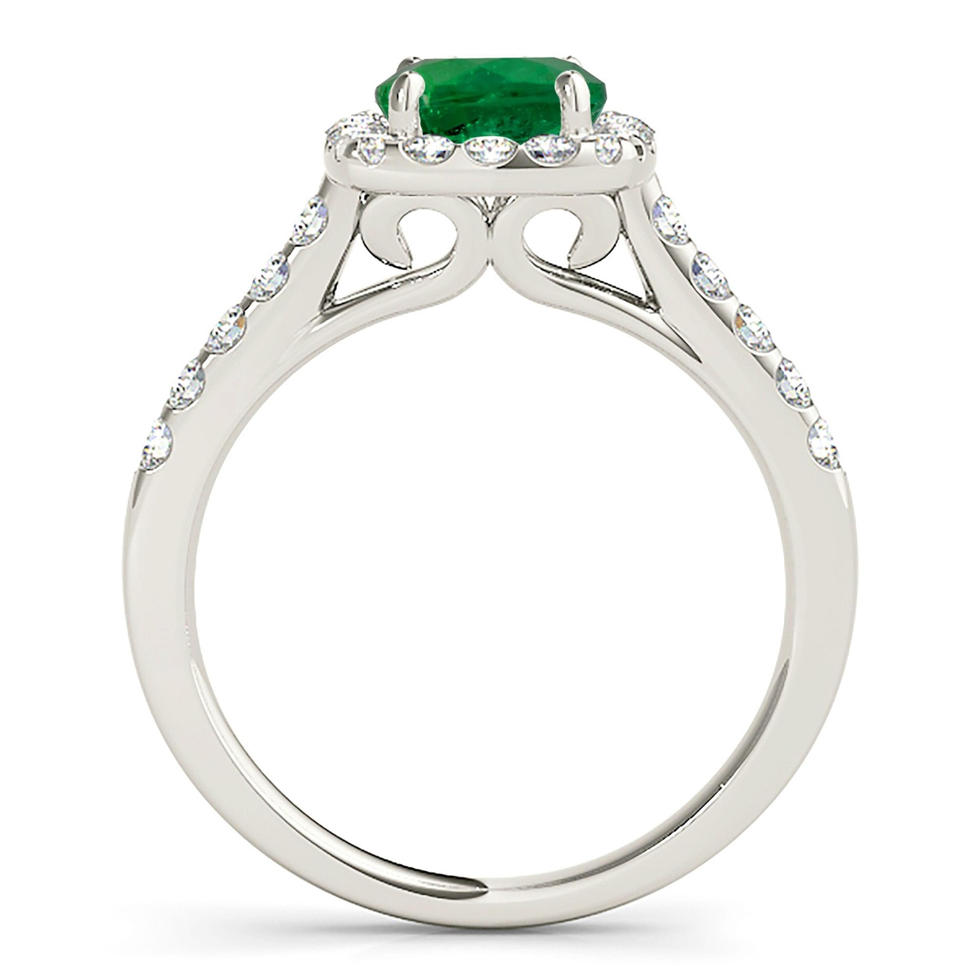 1.75 ct. Genuine Emerald Ring With 0.60 ctw. Diamond Cushion Halo, Delicate Diamond Band-VIRABYANI