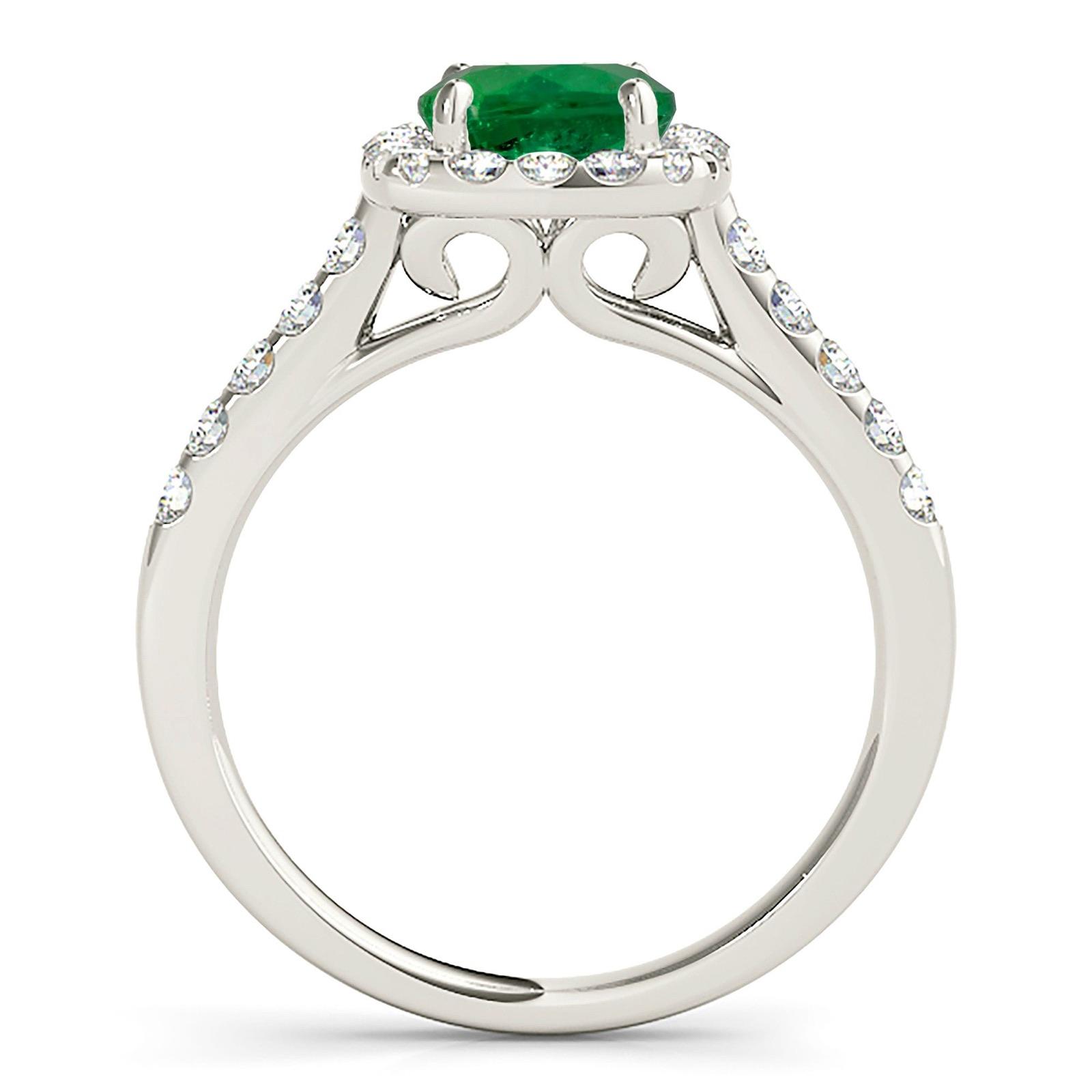 1.75 ct. Genuine Emerald Ring With 0.60 ctw. Diamond Cushion Halo, Delicate Diamond Band-VIRABYANI