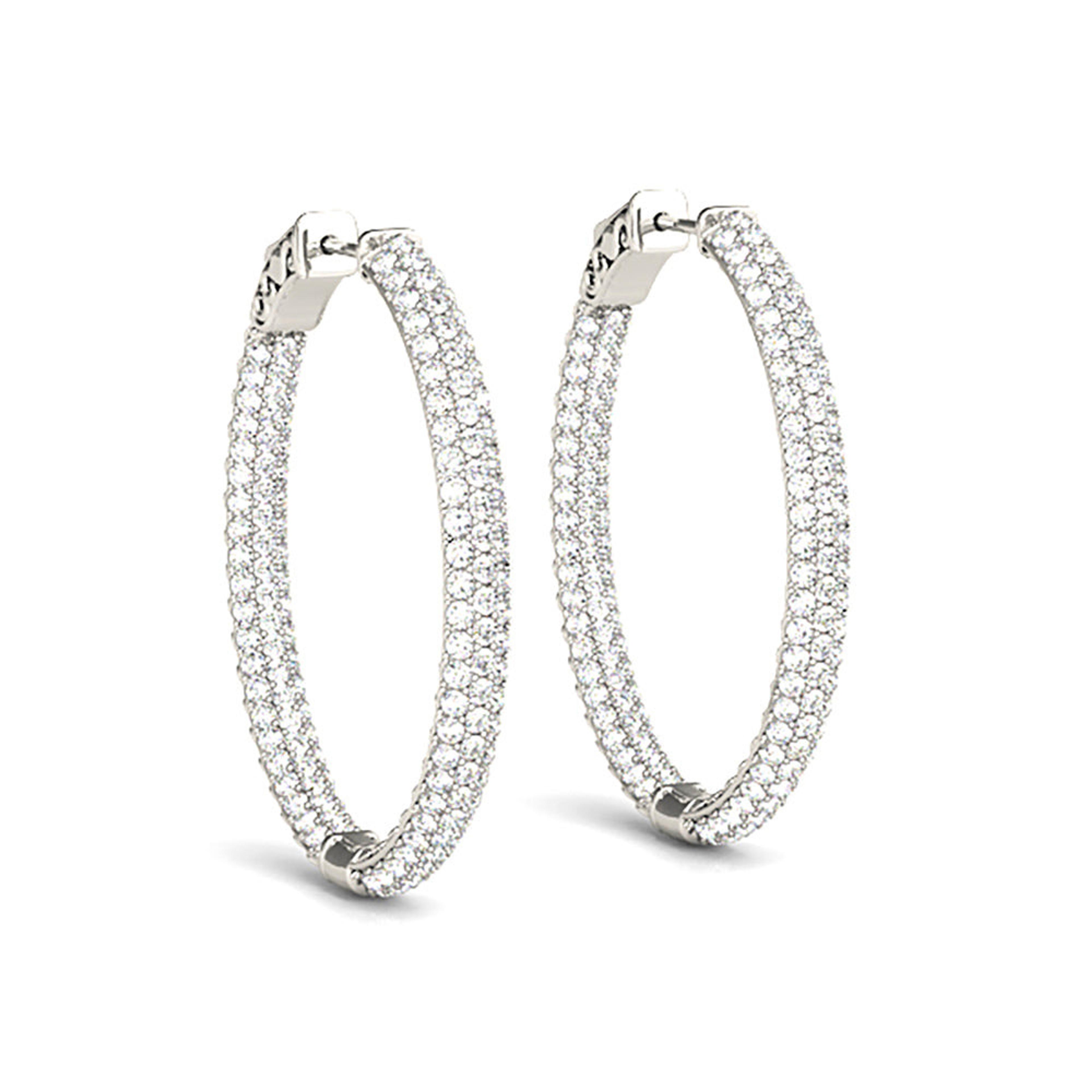 Triple Row 4.40 ctw Diamond Pave Hoop Earrings Pave Set Inside-Out