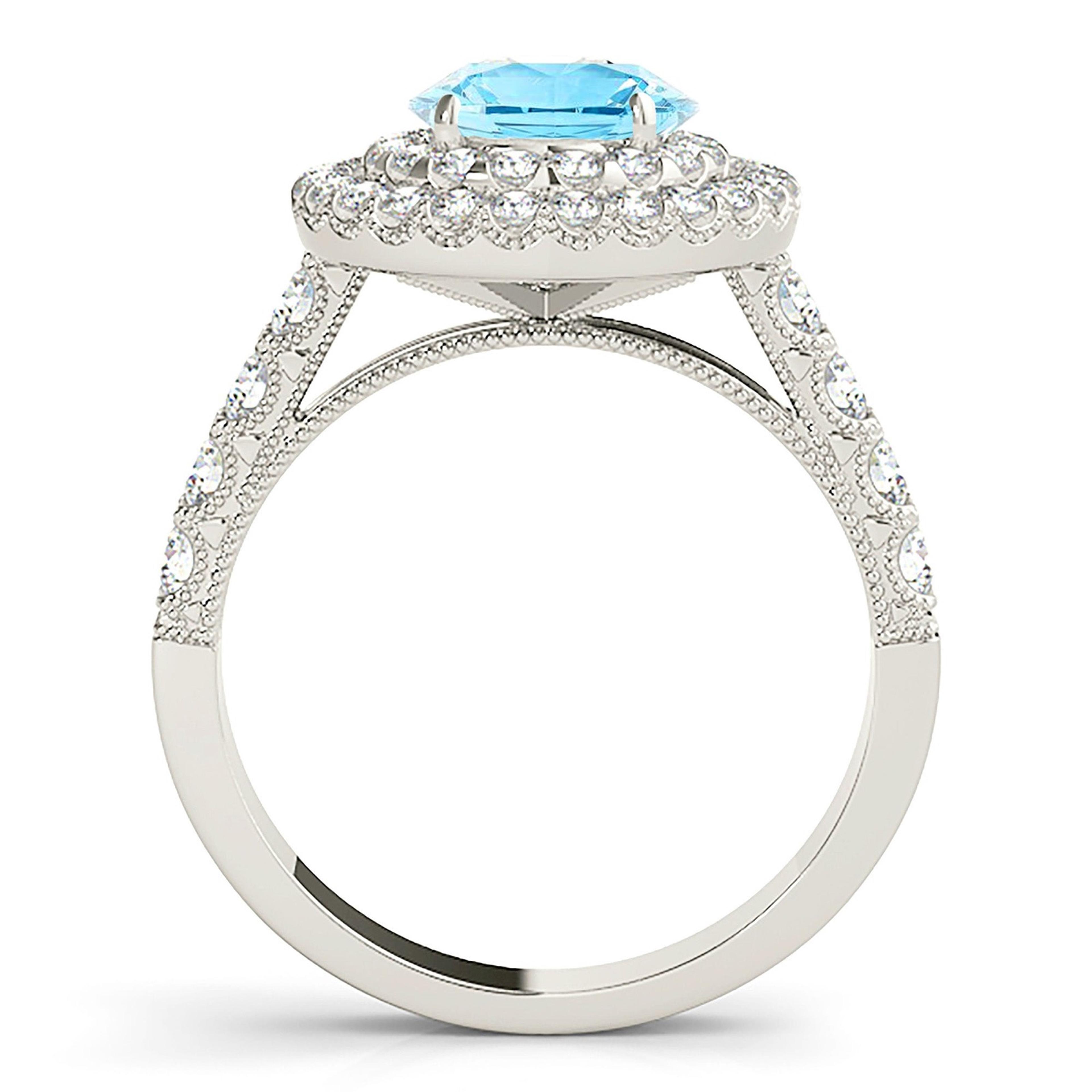 1.10 ct. Genuine Aquamarine Ring with 1.00 ctw. Diamond Double Row Halo And Diamond Band, Milgrain Design | Round Blue Aquamarine Halo Ring-VIRABYANI