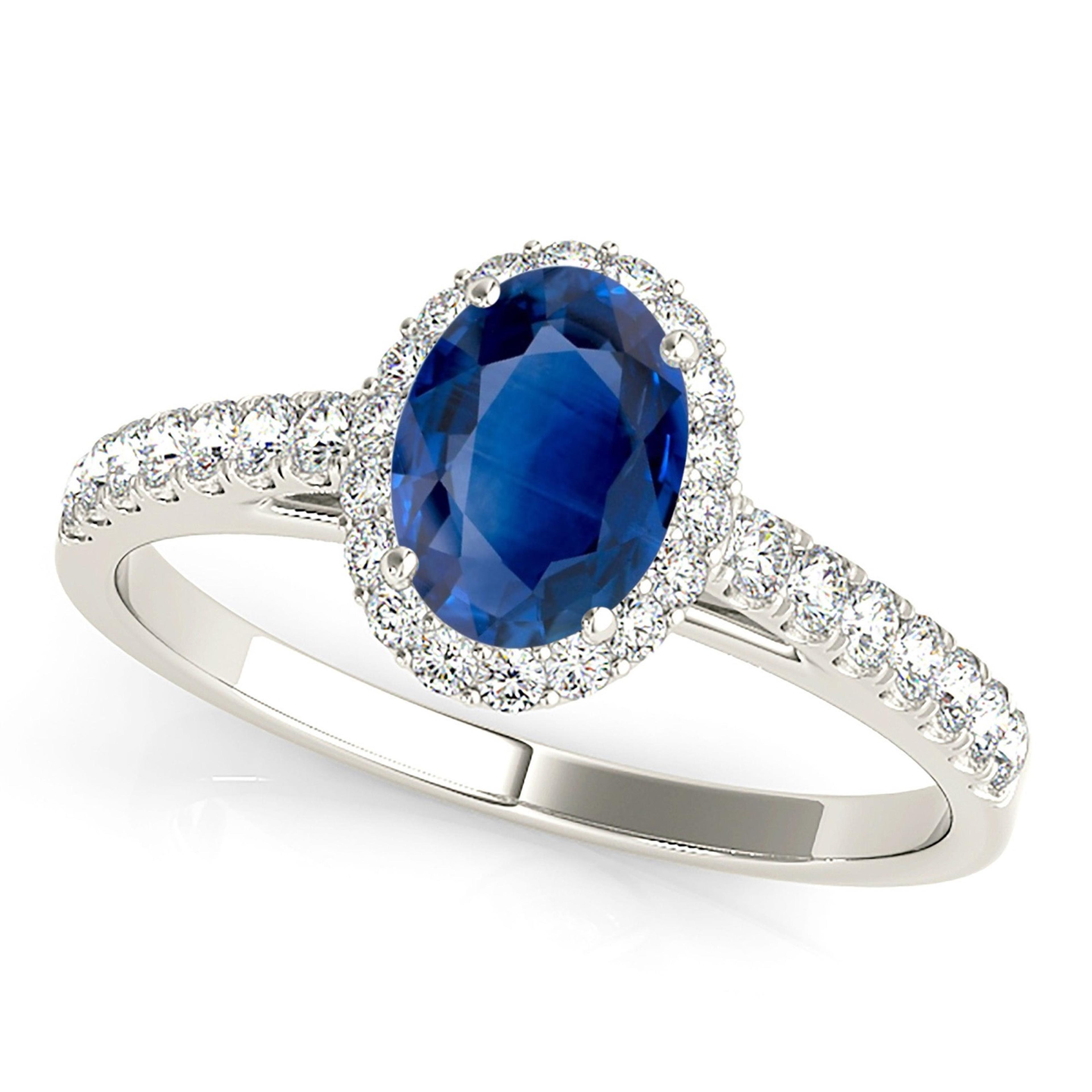 1.51 ct. Genuine Blue Oval Sapphire Ring With 0.25 ctw. Diamond Halo, Dainty Diamond band | Natural Sapphire And Diamond Gemstone Ring-VIRABYANI