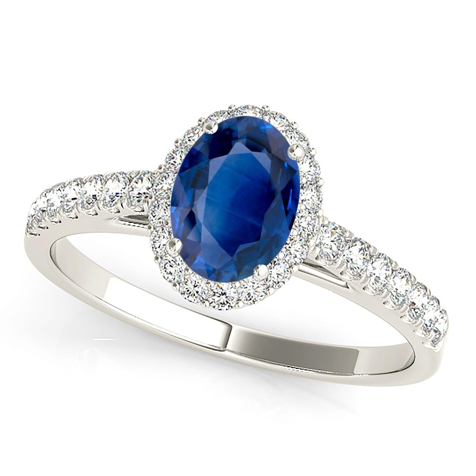 1.51 ct. Genuine Blue Oval Sapphire Ring With 0.25 ctw. Diamond Halo, Dainty Diamond band | Natural Sapphire And Diamond Gemstone Ring-VIRABYANI