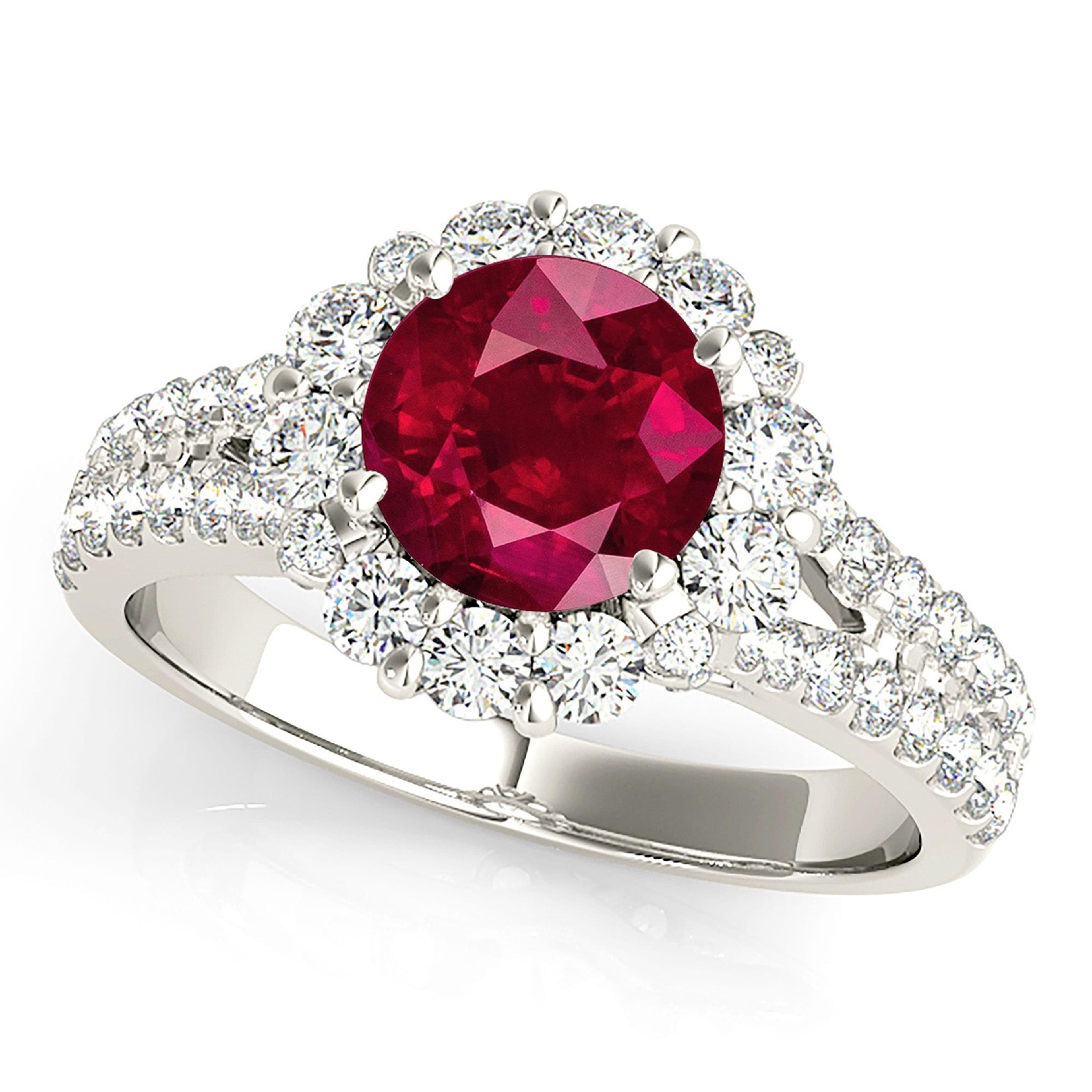 1.79 ct. Genuine Ruby Ring With 0.90 ctw. Diamond Floral Halo And Small V Split Shank-VIRABYANI