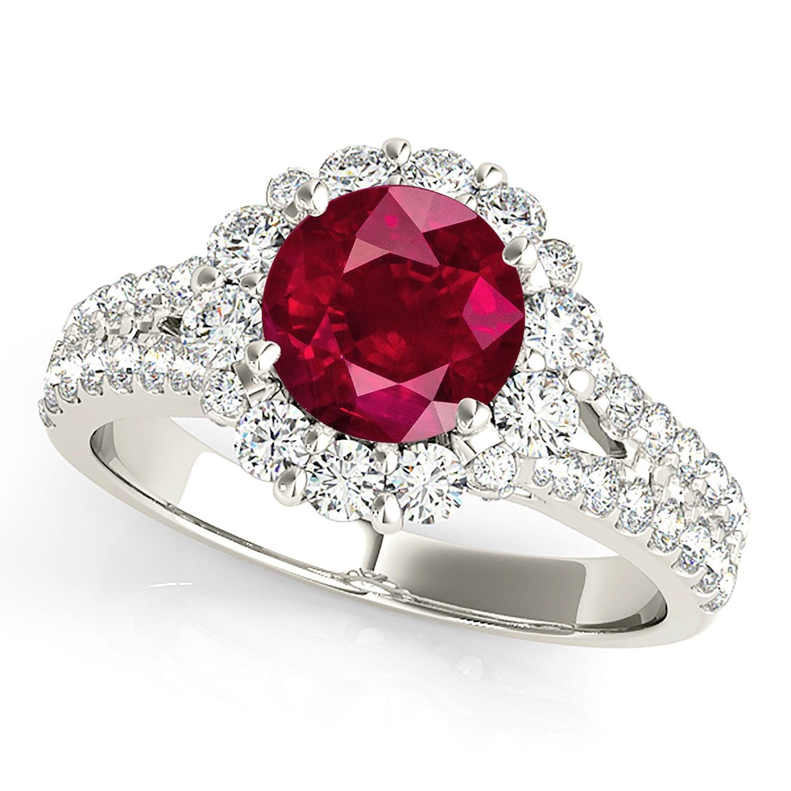 1.79 ct. Genuine Ruby Ring With 0.90 ctw. Diamond Floral Halo And Small V Split Shank-VIRABYANI
