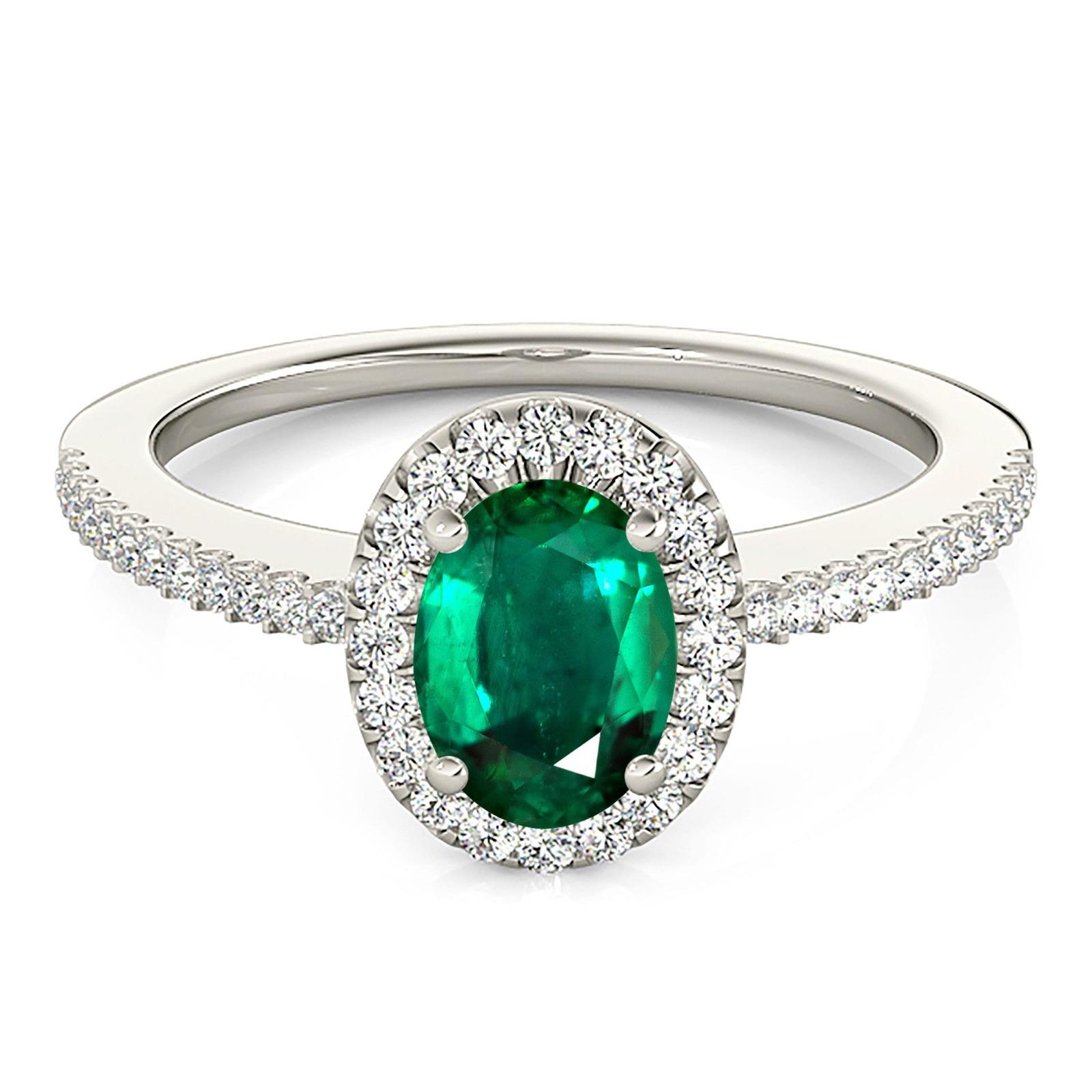 0.98 ct. Genuine Oval Emerald Ring With 0.20 ctw. Diamond Halo and Diamond Thin Shank-VIRABYANI