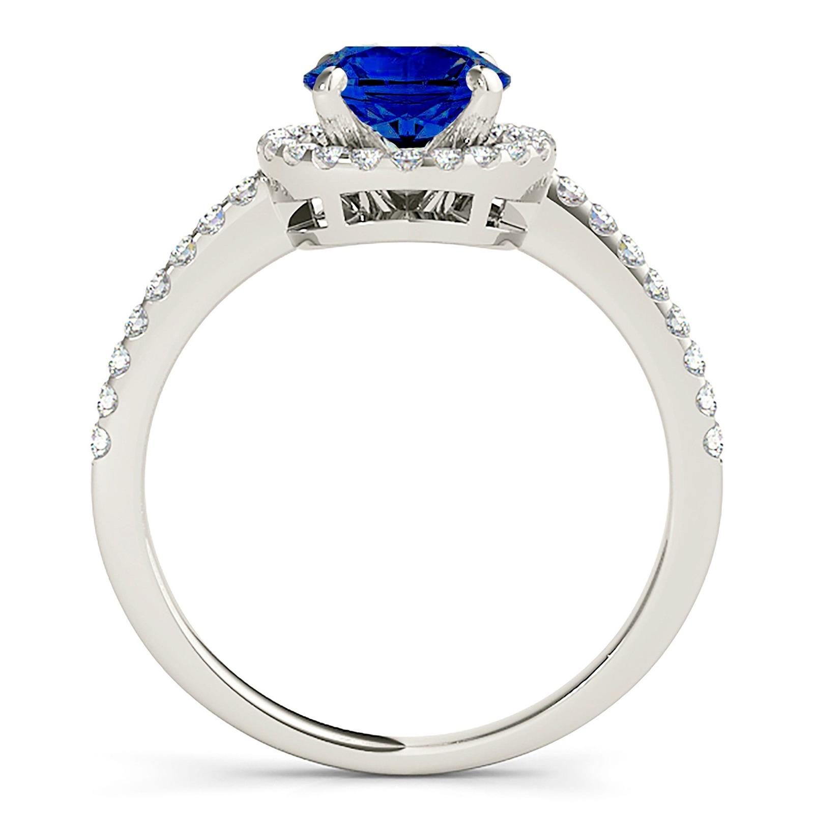 2.41 ct. Genuine Blue Sapphire Four Prong Halo Ring with 0.35 ctw. Side Diamonds-VIRABYANI