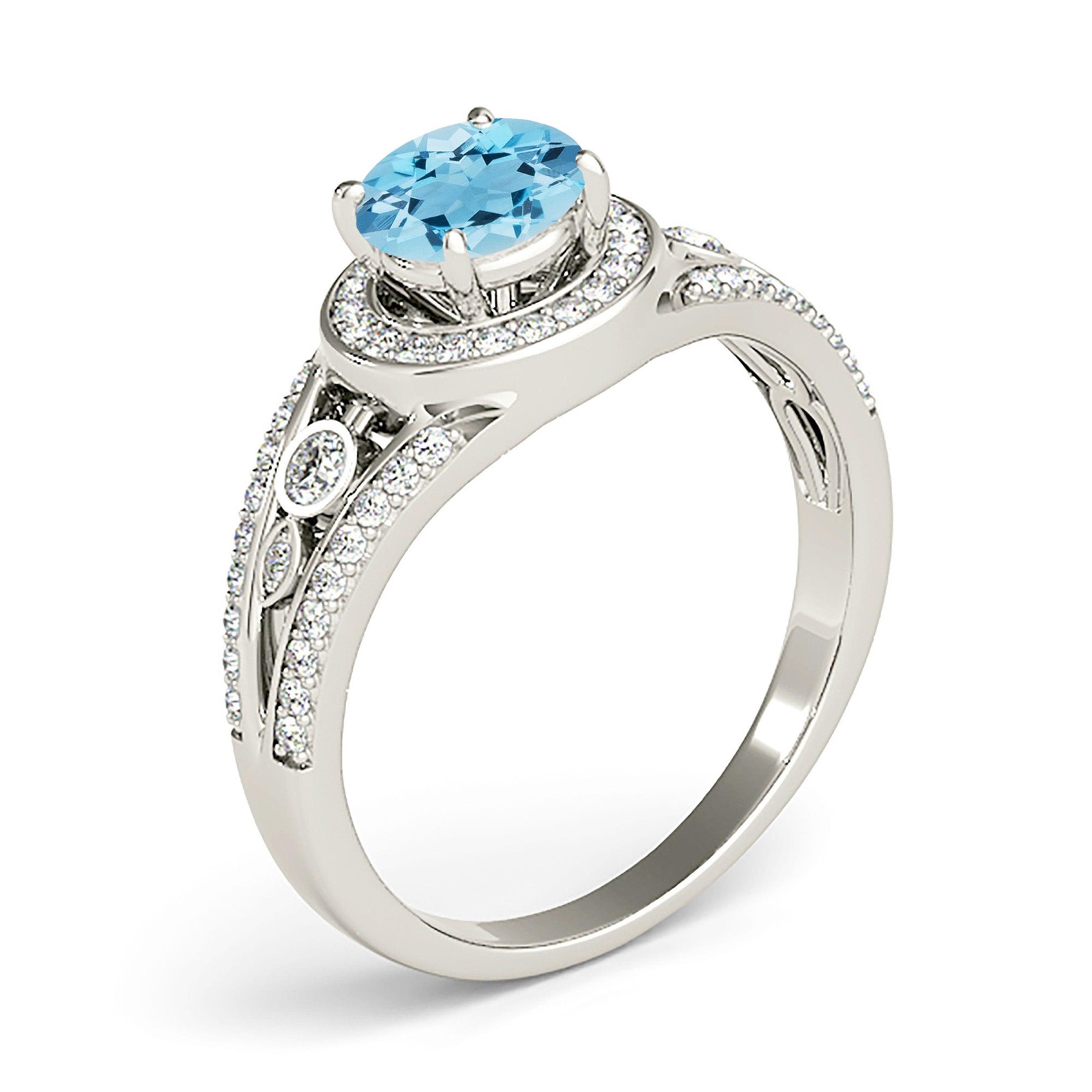1.10 ct. Genuine Aquamarine Ring With 0.35 ctw. Diamond Halo and V Shape Band With Accent Diamonds| Round Blue Aquamarine Halo Ring-VIRABYANI