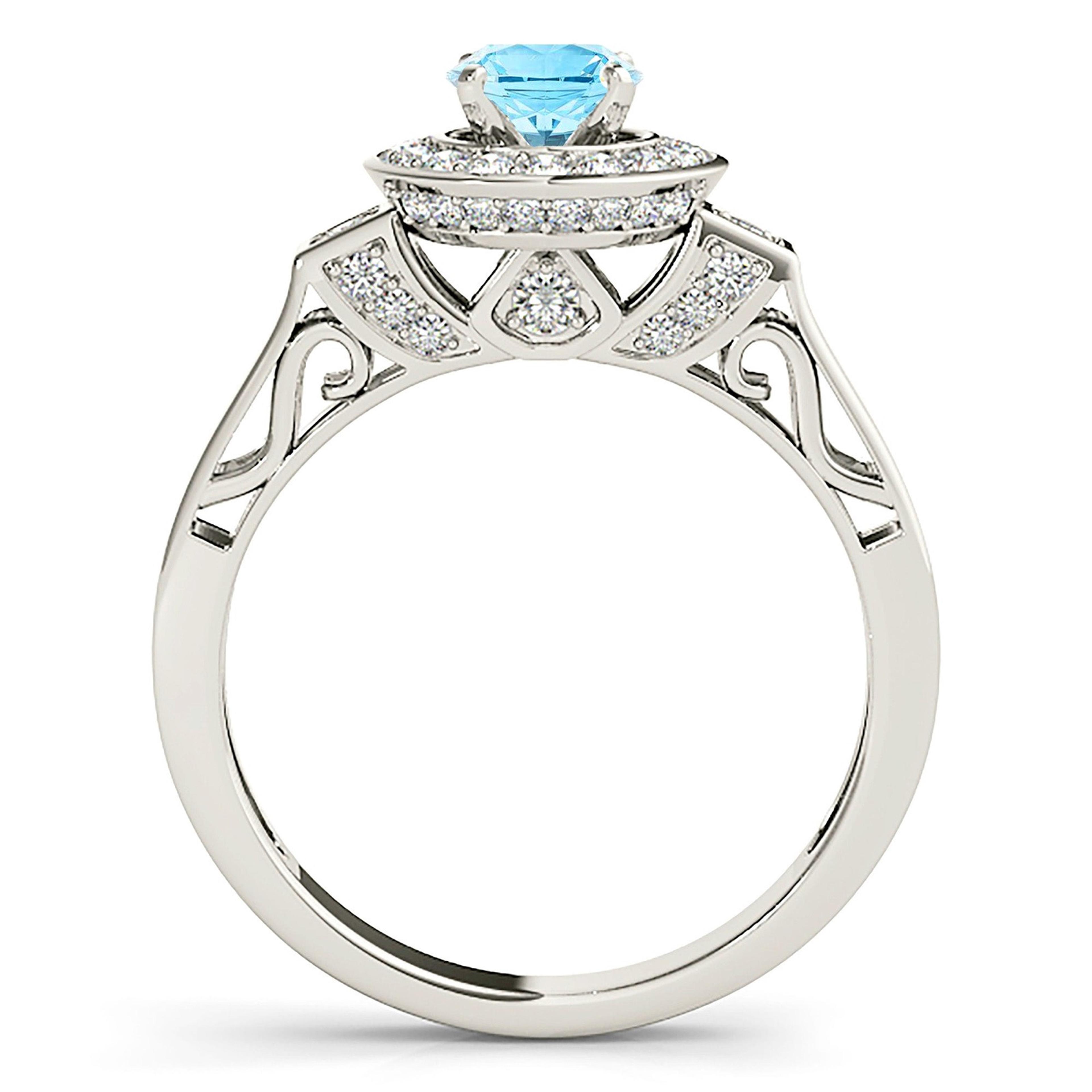 1.00 ct. Genuine Aquamarine Ring With 0.40 ctw. Diamond Double Edge Bezel Halo, Side Accent Diamonds, Solid Gold Band | Aquamarine Halo Ring-VIRABYANI