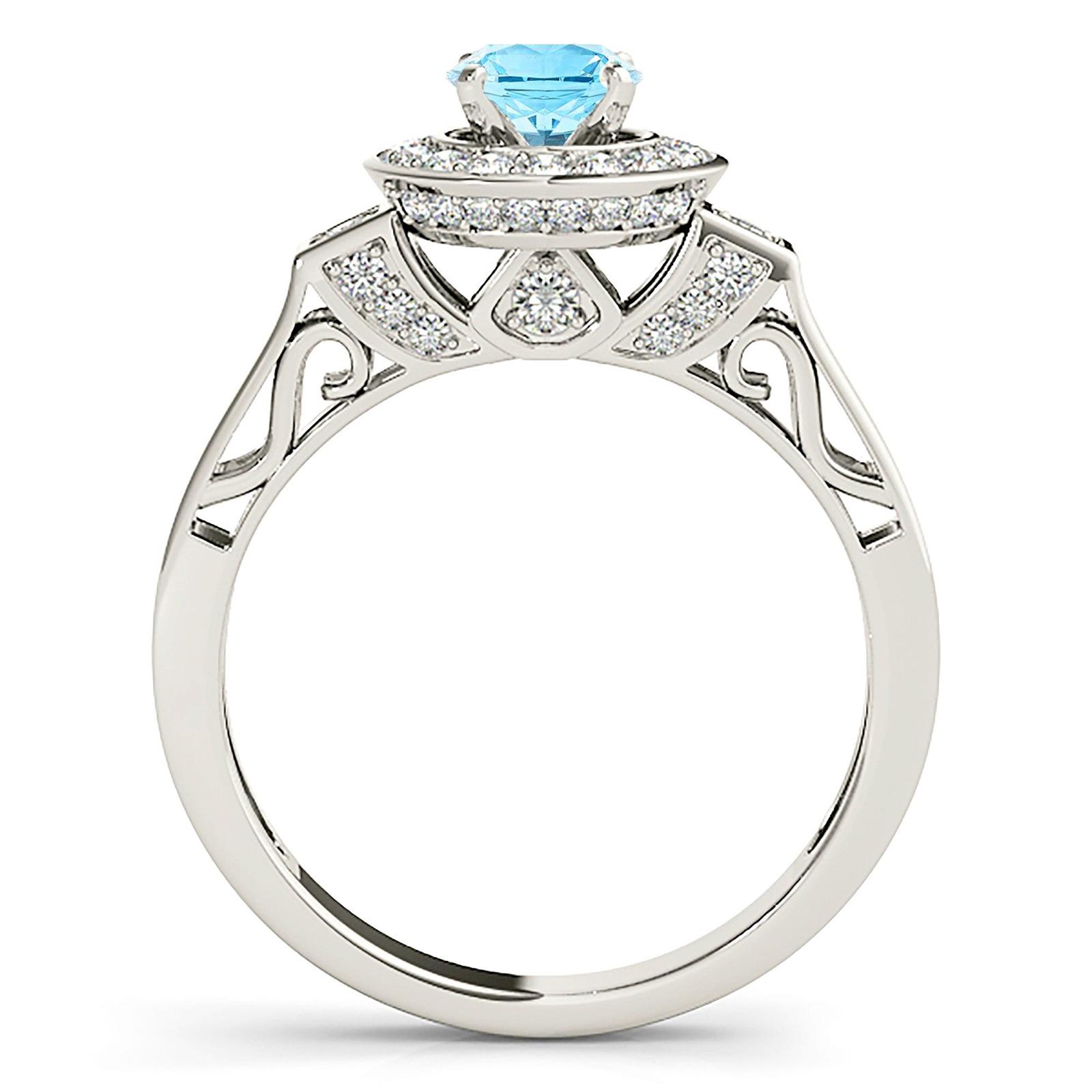 1.00 ct. Genuine Aquamarine Ring With 0.40 ctw. Diamond Double Edge Bezel Halo, Side Accent Diamonds, Solid Gold Band | Aquamarine Halo Ring-VIRABYANI
