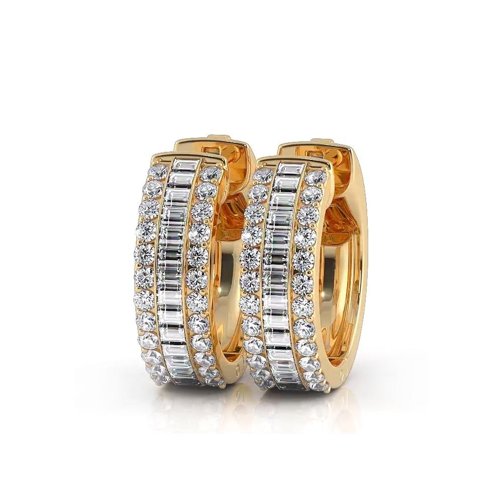 Three Row Round and Baguette Diamond Hoop Earrings Huggie Style
