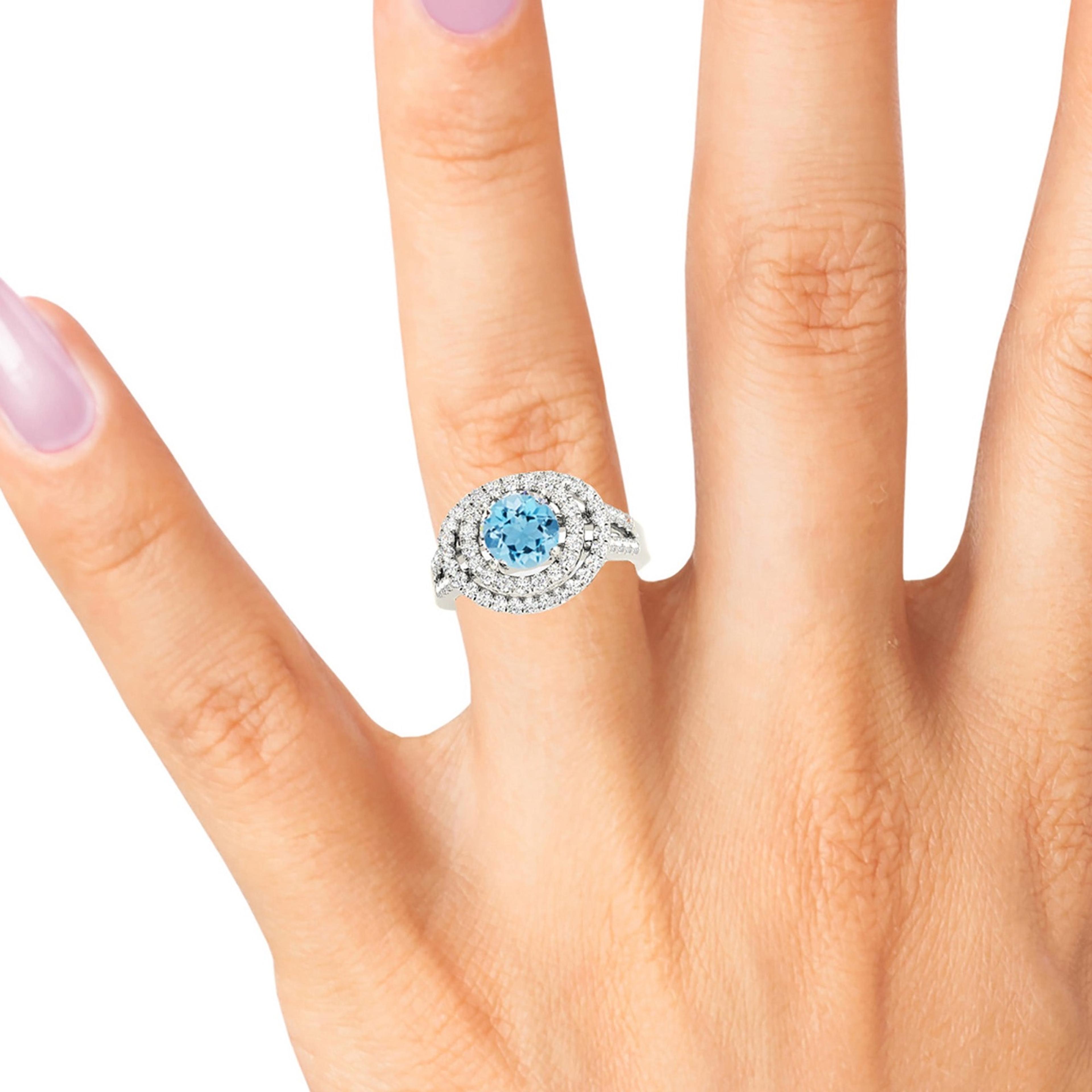 1.10 ct. Genuine Aquamarine Ring with 0.70 ctw. Diamond Double Row Halo And Split Diamond Band | Round Blue Aquamarine Halo Ring-VIRABYANI