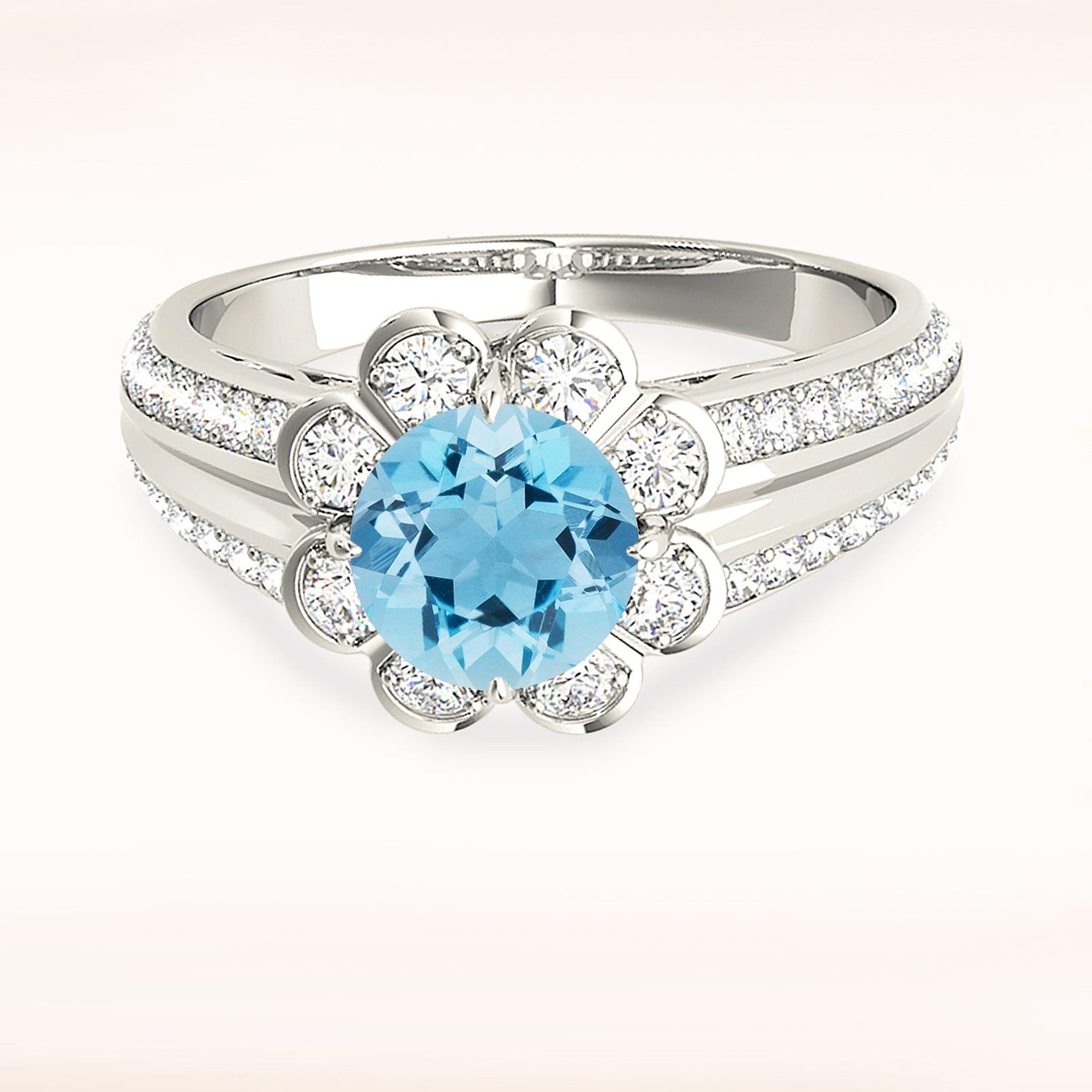1.10 ct. Genuine Aquamarine Ring With 0.40 ctw. Diamond Floral Halo, Graduating Diamond and Solid Gold Band | Round Blue Aquamarine Halo Ring-VIRABYANI