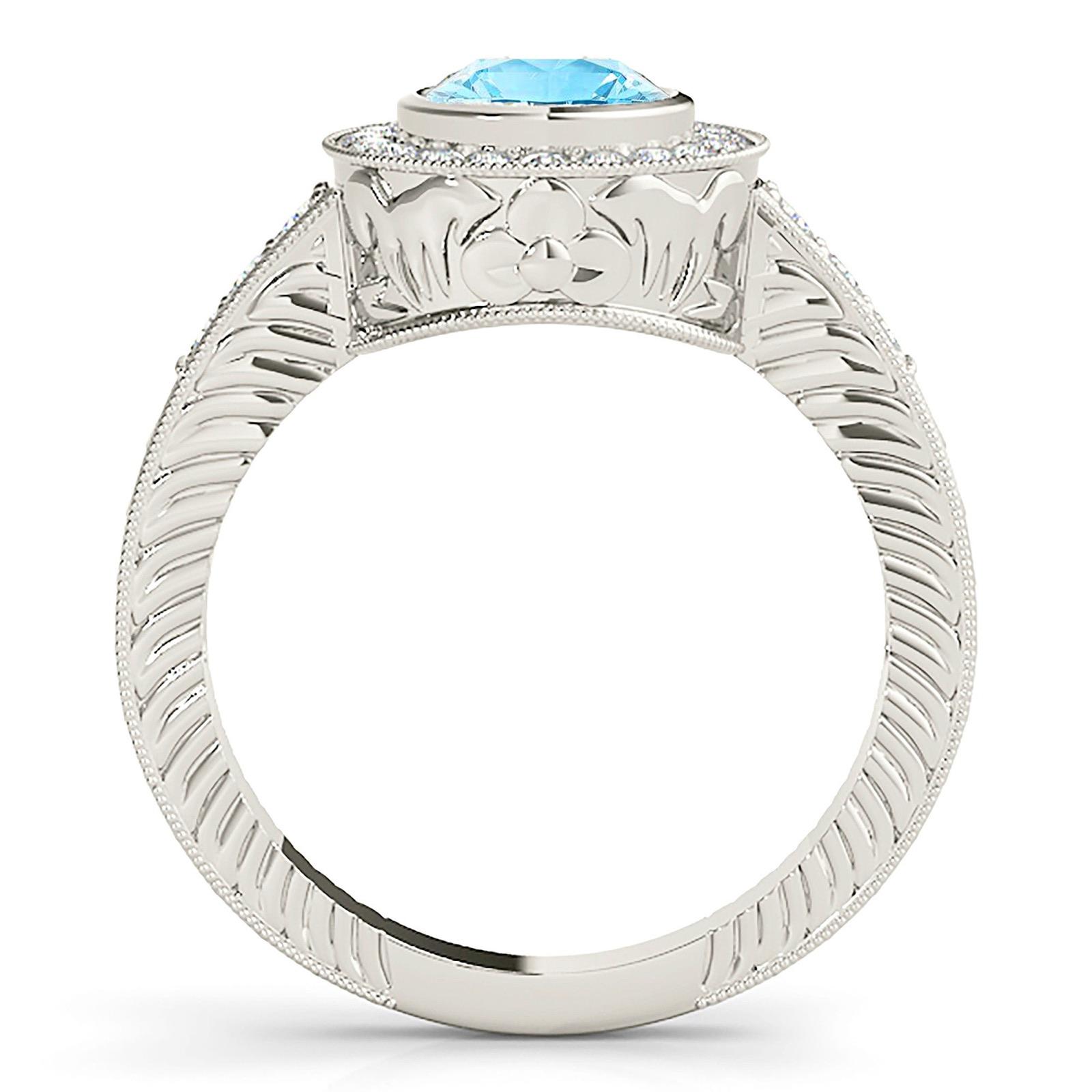 1.10 ct. Genuine Aquamarine Ring With 0.34 ctw. Diamond Milgrain Halo And Filigree Design Diamond band | Round Blue Aquamarine Halo Ring-VIRABYANI