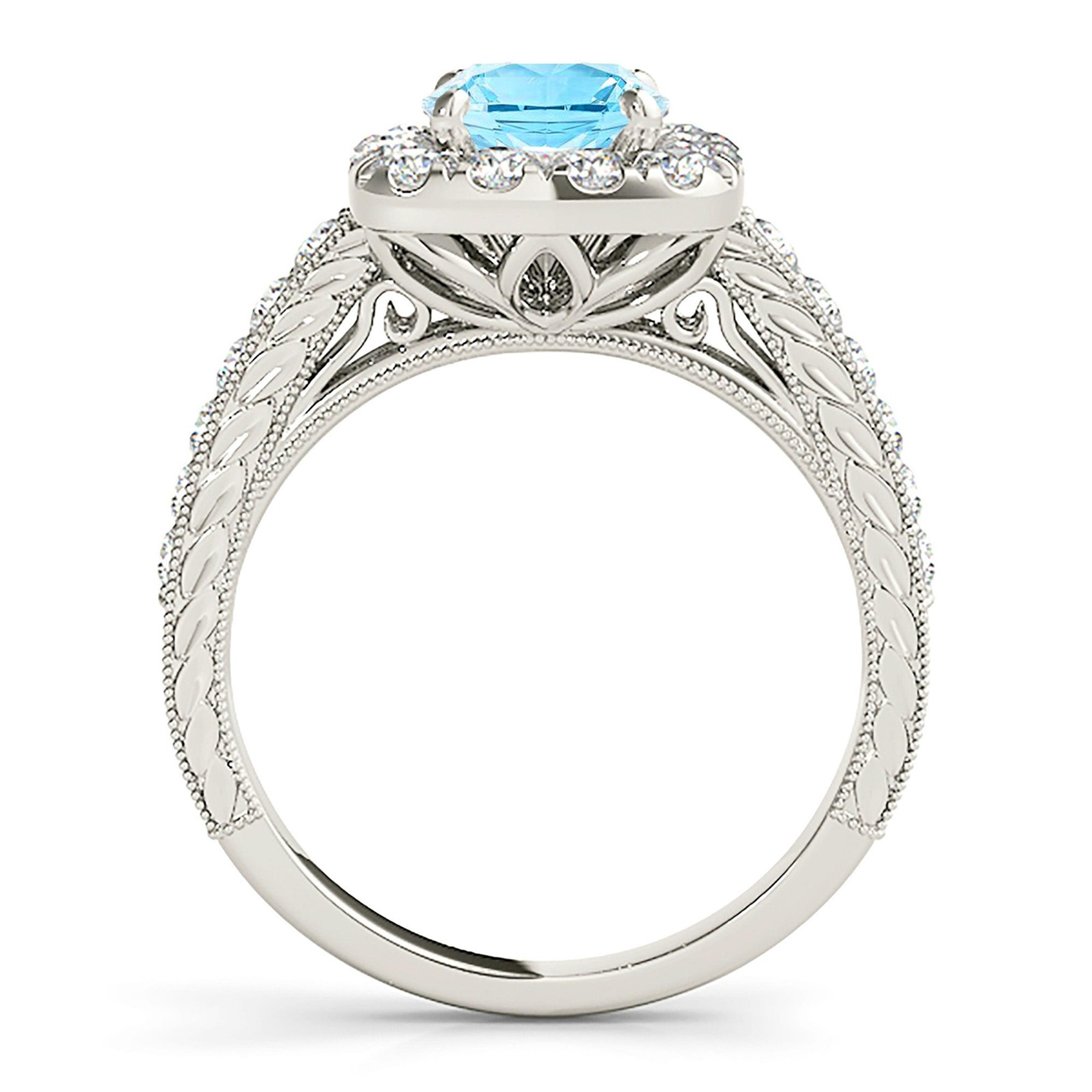 2.00 ct. Genuine Aquamarine Ring With 0.50 ctw. Diamond Cushion Halo, Milgrain Diamond Band, Filigree Design|Round Blue Aquamarine Halo Ring-VIRABYANI