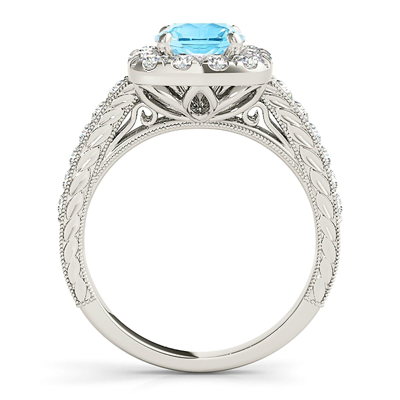 2.00 ct. Genuine Aquamarine Ring With 0.50 ctw. Diamond Cushion Halo, Milgrain Diamond Band, Filigree Design|Round Blue Aquamarine Halo Ring-VIRABYANI