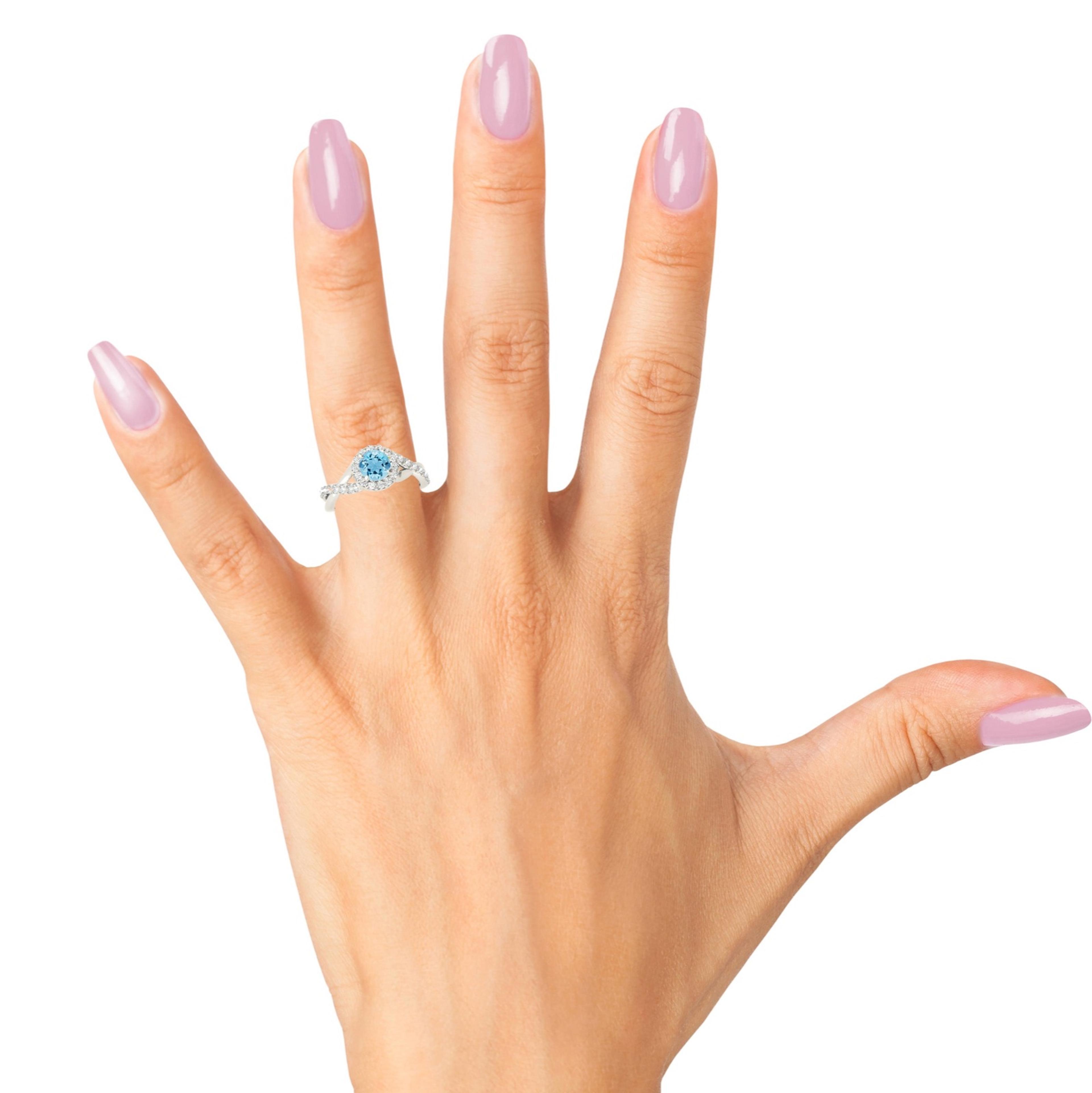 1.00 ct. Genuine Aquamarine Ring With 0.35 ctw. Diamond Halo, Solid Gold And Diamond Twist Band | Round Blue Aquamarine Halo Ring-VIRABYANI