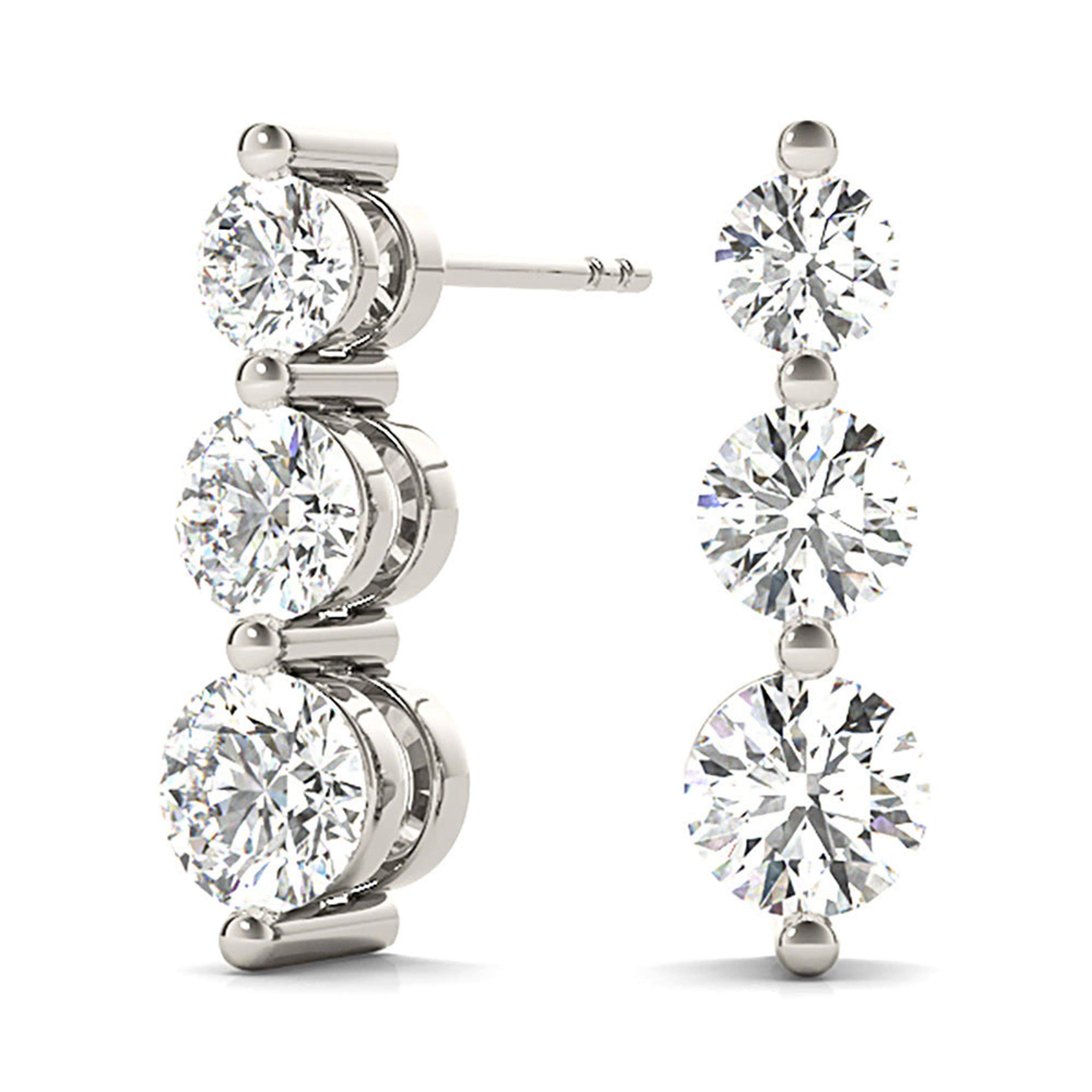 1.00 ctw Diamond Three Stone Drop Earrings-VIRABYANI