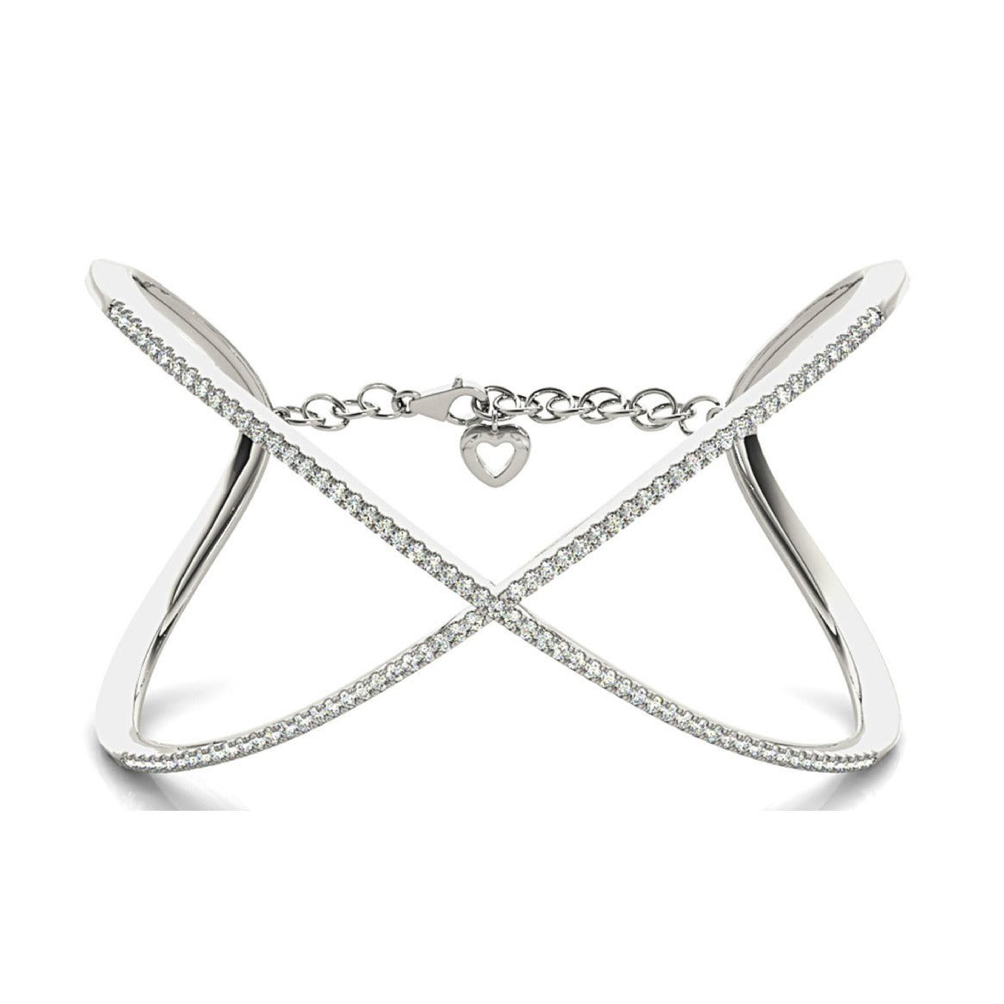 Criss Cross 1.63 ctw Round Diamond Cuff Bangle Bracelet With Security Chain-VIRABYANI