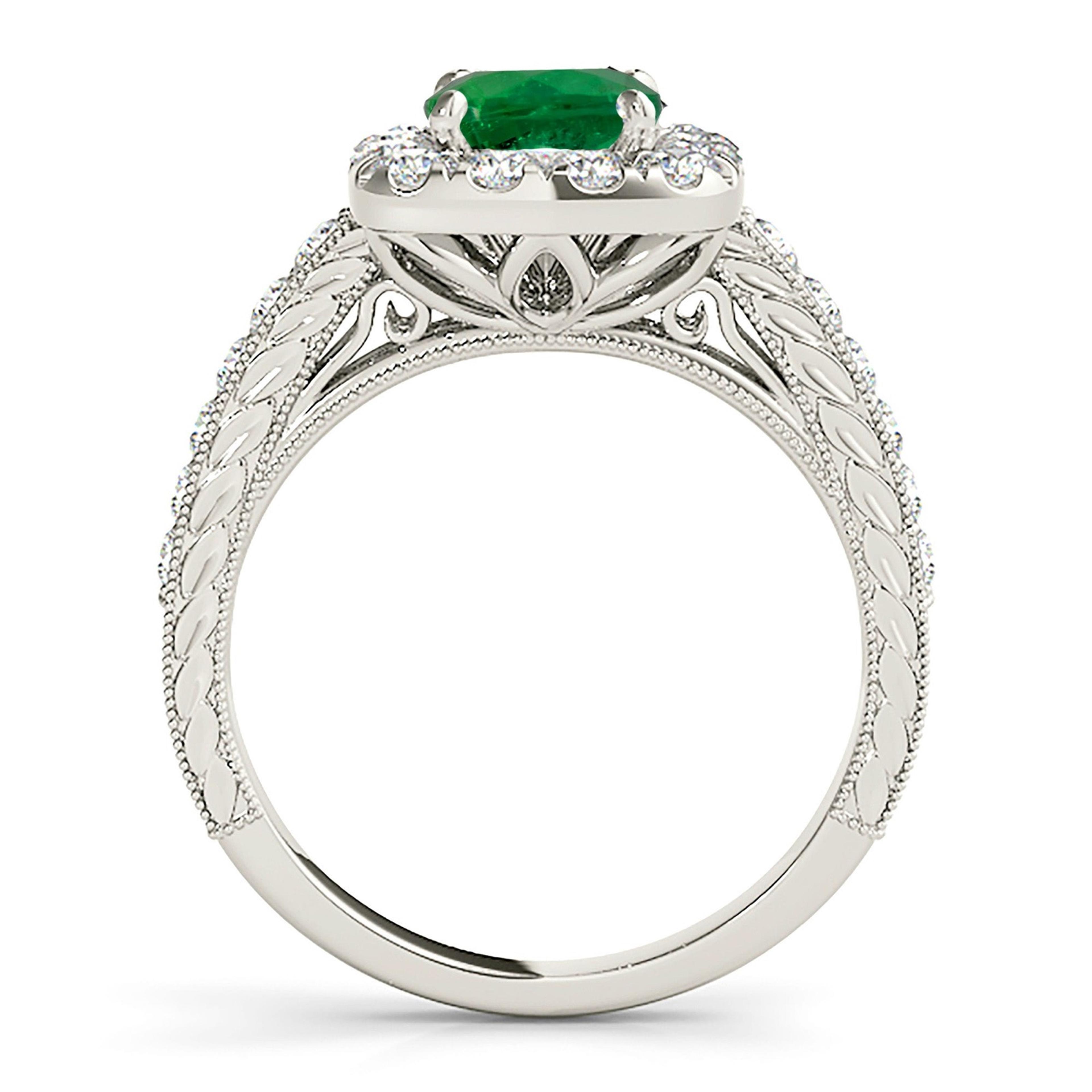 2.00 ct. Genuine Round Emerald Ring With 0.50 ctw. Diamond Halo With Milgrain Design Diamond Band-VIRABYANI