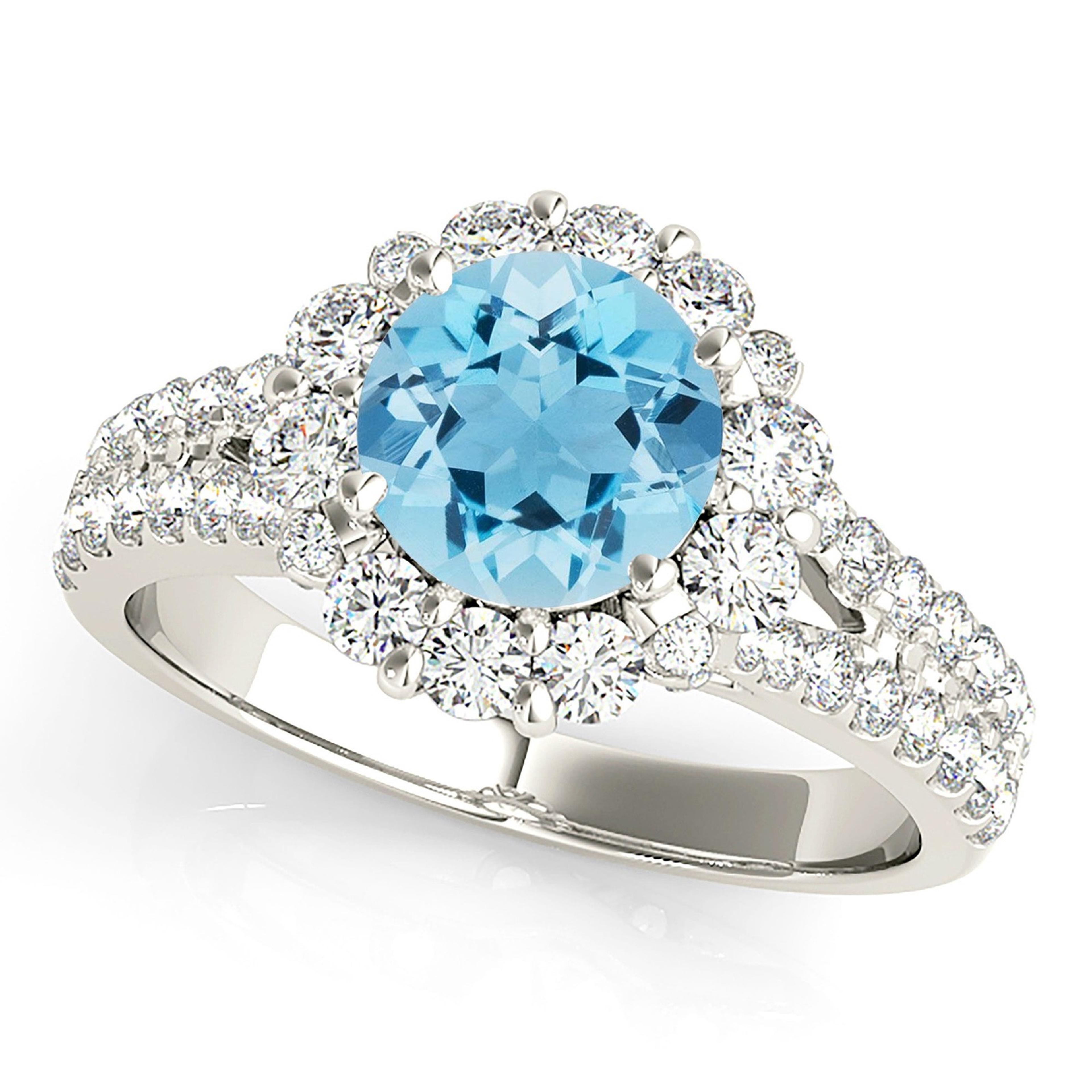 1.75 ct. Genuine Aquamarine Ring With 0.90 ctw. Diamond Halo And Small V Shape Split Diamond Band | Round Blue Aquamarine Halo Ring-VIRABYANI