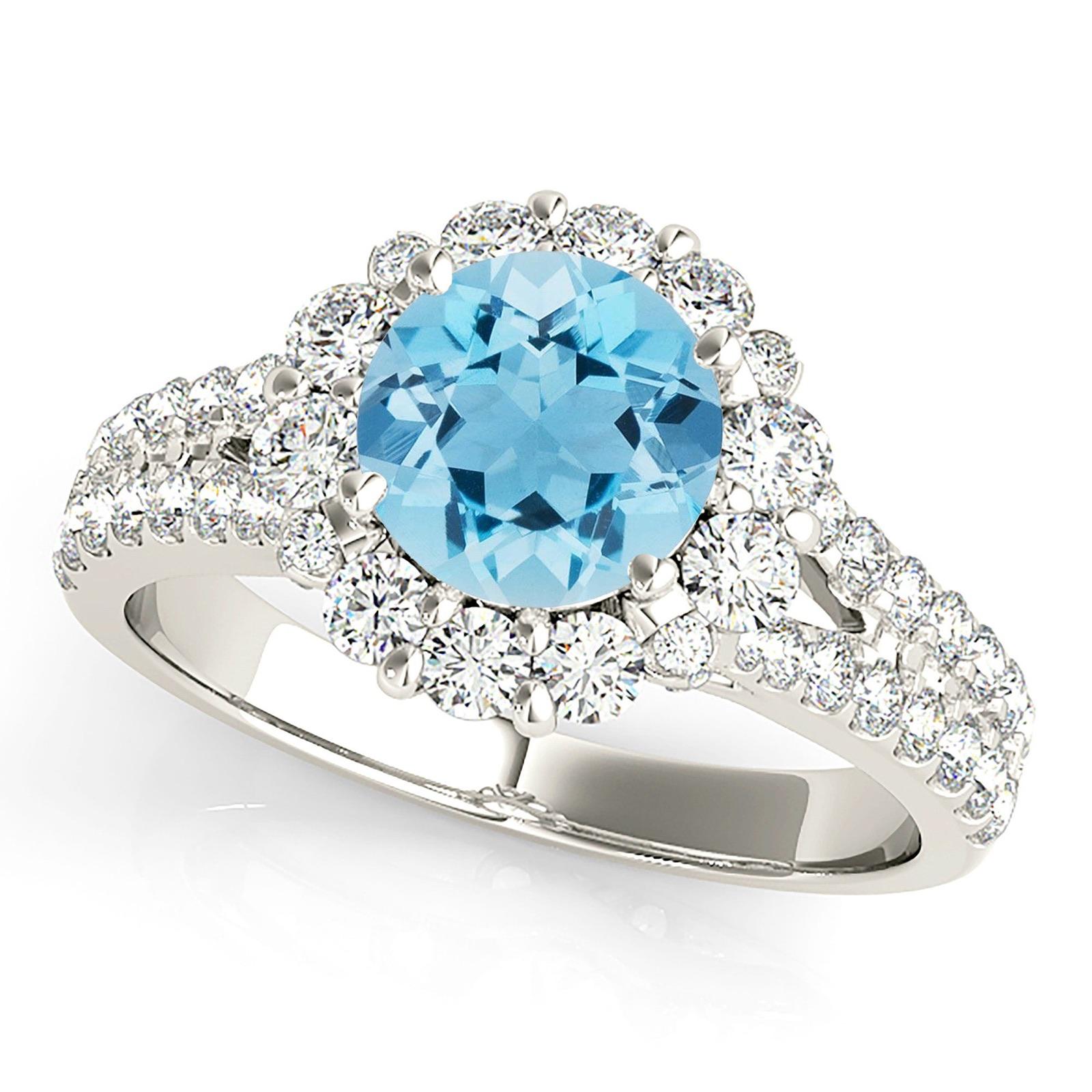 1.75 ct. Genuine Aquamarine Ring With 0.90 ctw. Diamond Halo And Small V Shape Split Diamond Band | Round Blue Aquamarine Halo Ring-VIRABYANI
