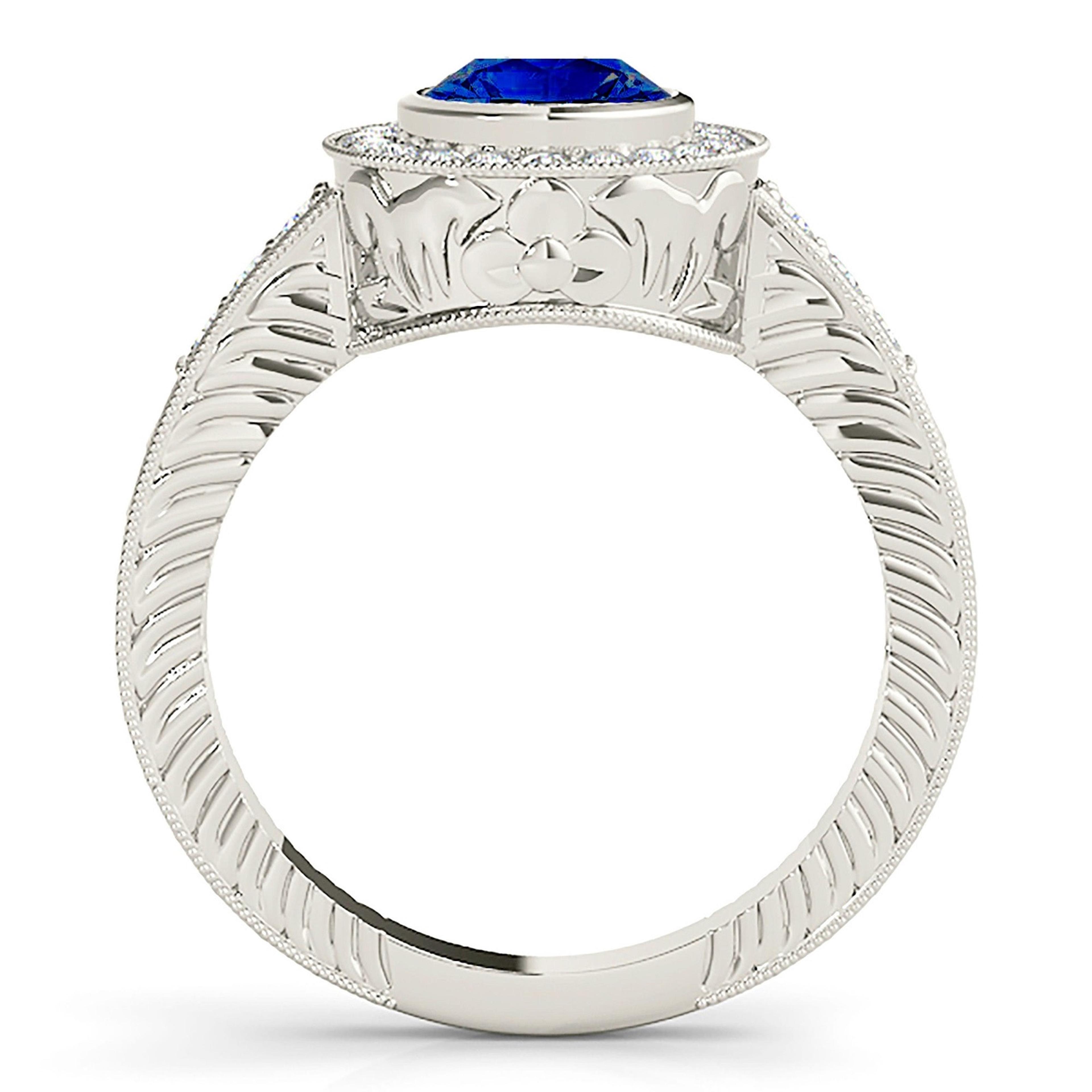 1.35 ct. Genuine Blue Sapphire Bezel Set Vintage Halo Ring with 0.34 ctw. Side Diamonds-VIRABYANI