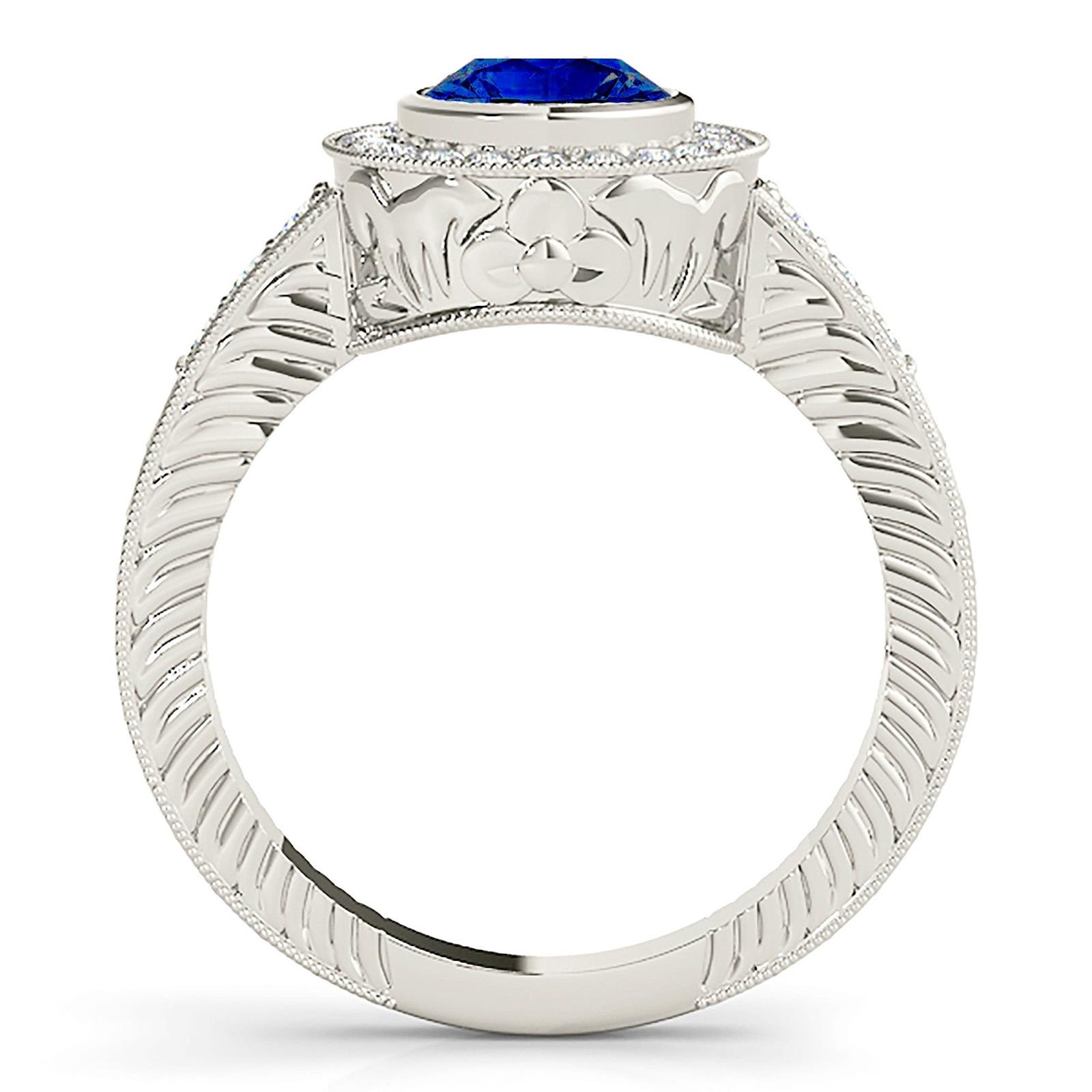 1.35 ct. Genuine Blue Sapphire Bezel Set Vintage Halo Ring with 0.34 ctw. Side Diamonds-VIRABYANI