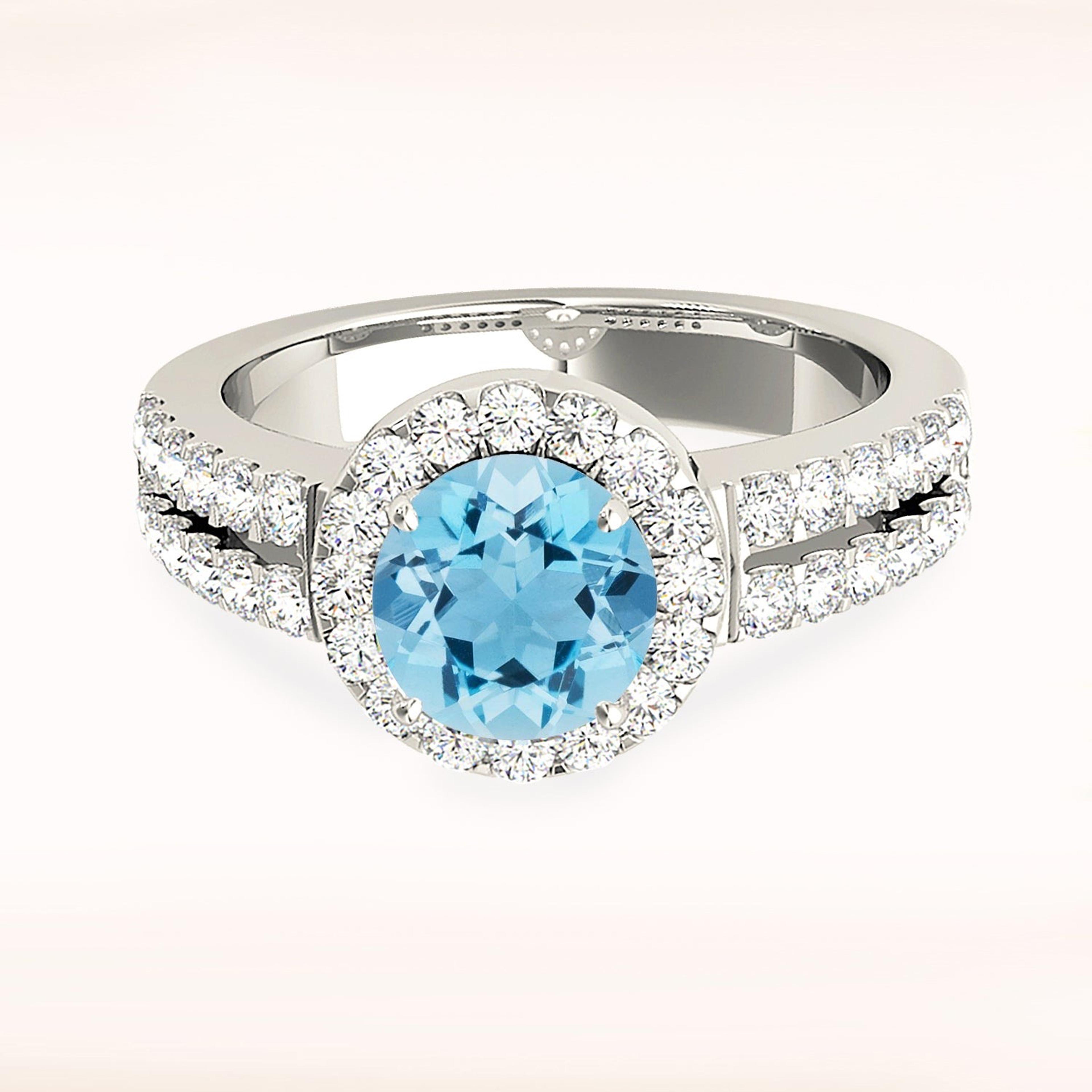 1.10 ct. Genuine Aquamarine Ring With 0.40 ctw. Diamond Halo And Split Diamond Shank | Round Blue Aquamarine Halo Ring-VIRABYANI