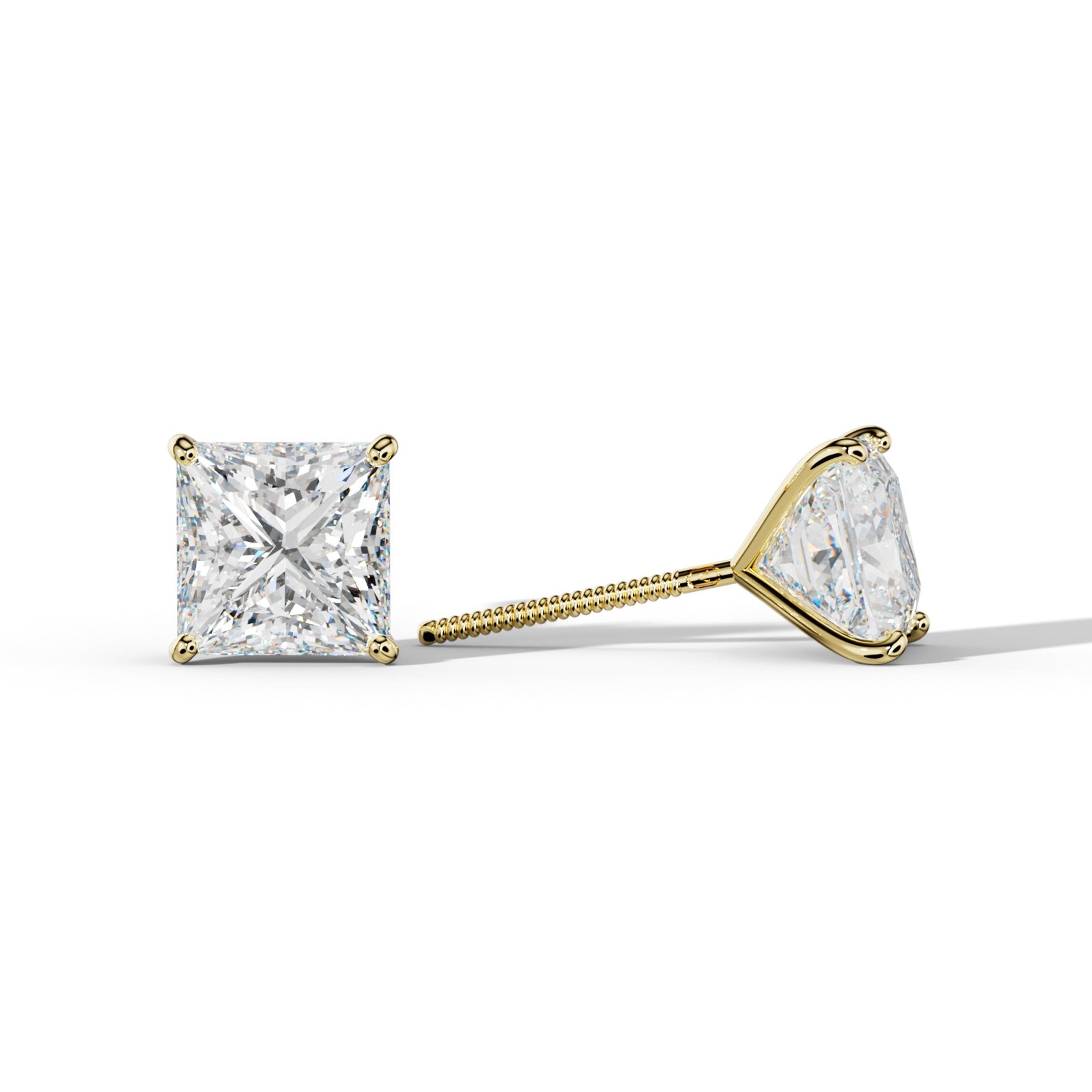Princess Cut  Diamond Stud Earrings With  Four Classic Prong Martini Settings