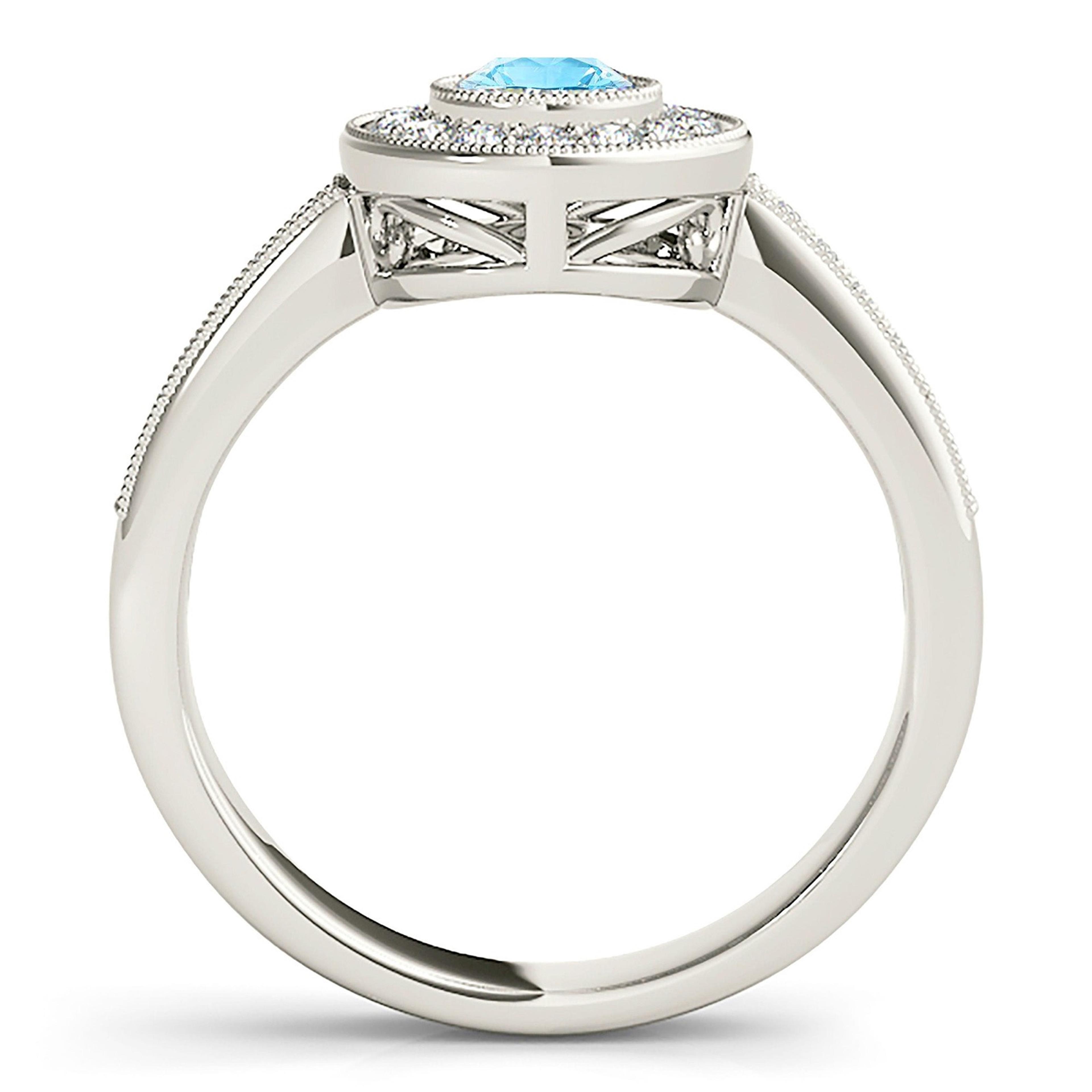 1.00 ct. Genuine Aquamarine Ring With 0.25 ctw. Diamond Milgrain Bezel Halo And Delicate Diamond Band | Round Blue Aquamarine Halo Ring-VIRABYANI